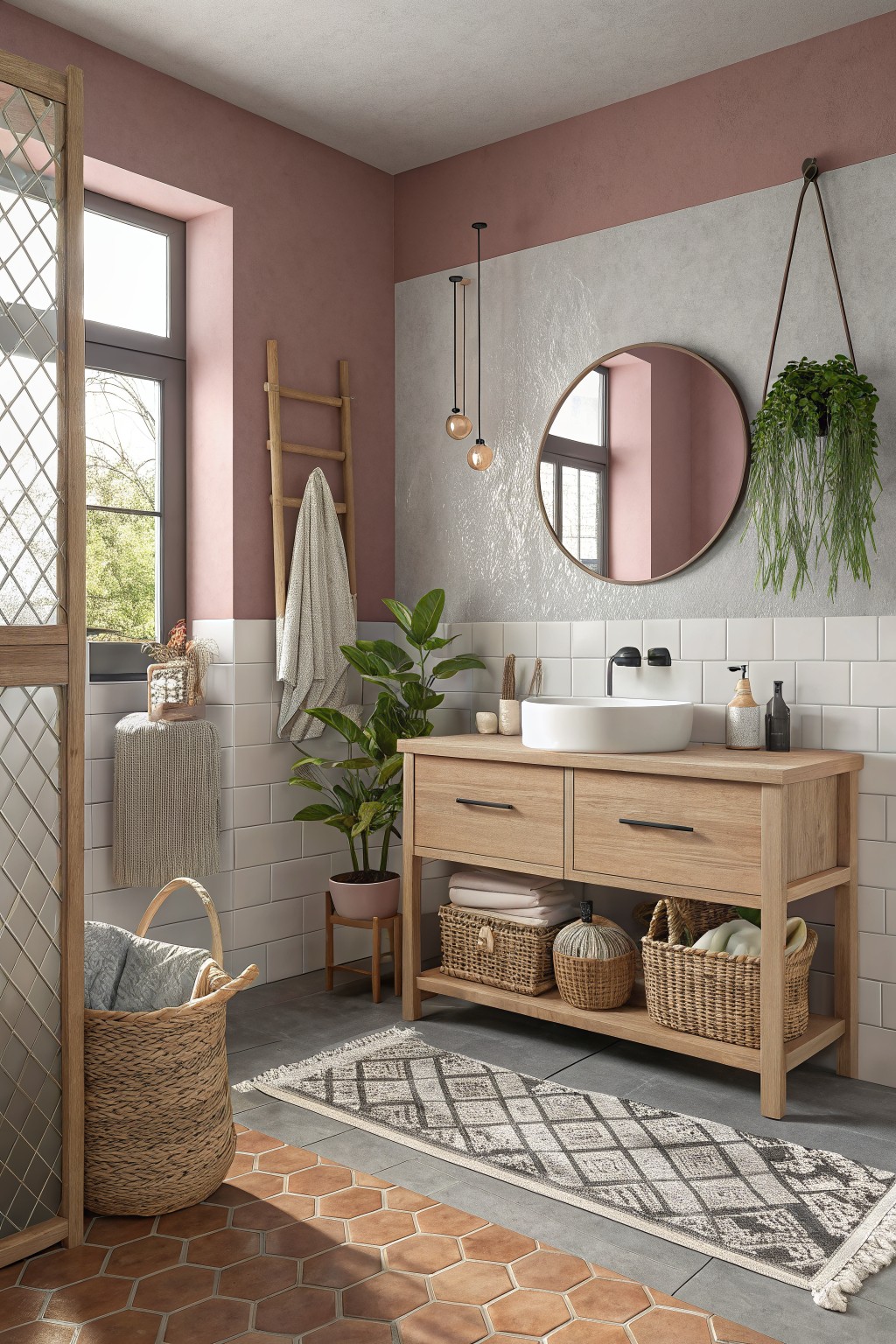 A bathroom with soft dusty rose paint on the upper walls above white tile.