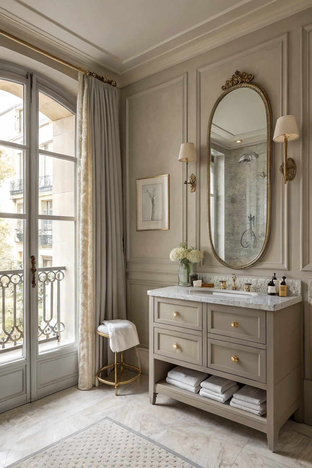 A bathroom with soft greige walls and a marble-topped vanity.