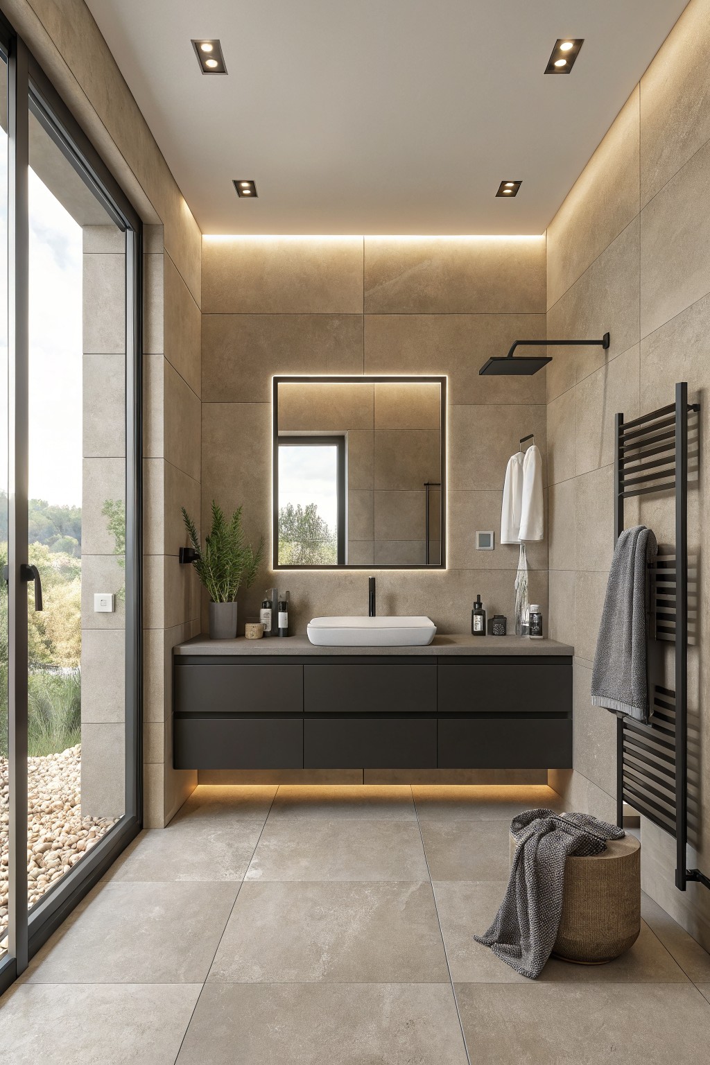 A bathroom with warm greige walls and a floating dark vanity.