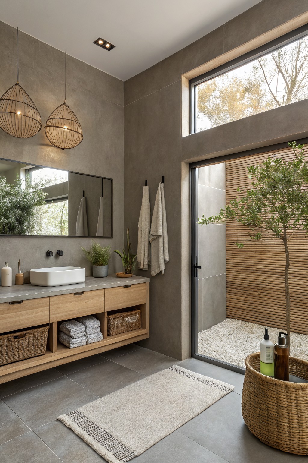 A bathroom featuring soft greige walls with a floating wood vanity.