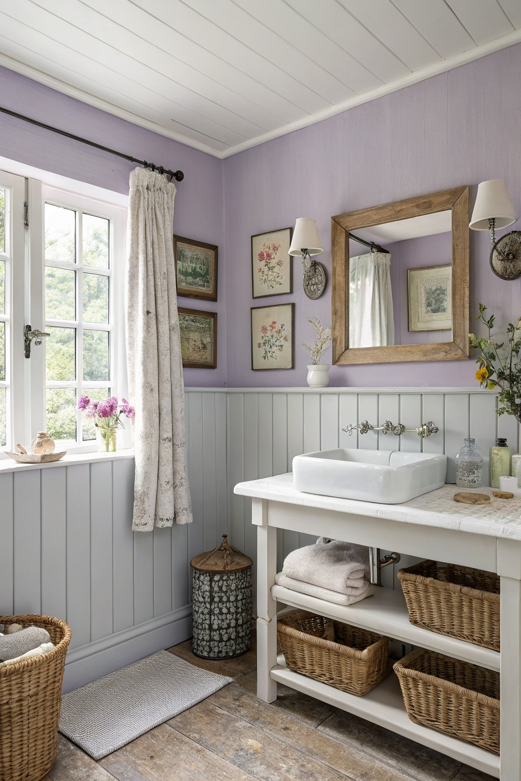 A bathroom with soft lavender walls above white wainscoting.