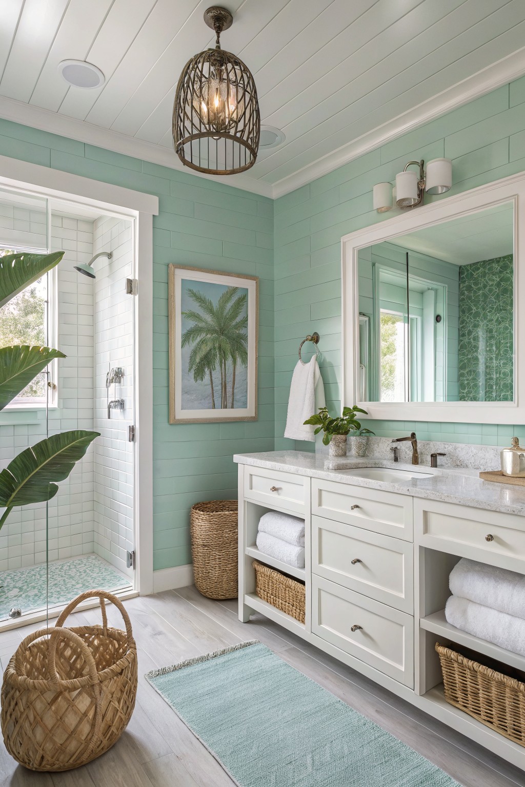 Light mint green walls in a bathroom with white trim and a marble vanity.