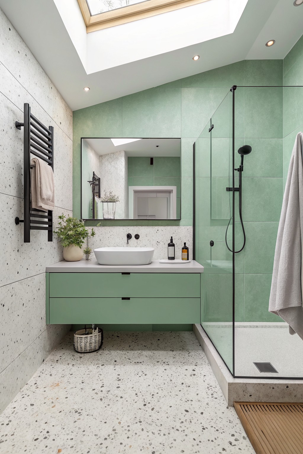 Modern bathroom with mint green tiles, floating vanity, white vessel sink, and skylight.