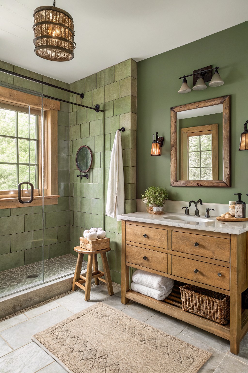 Bathroom walls painted in a soft sage green with wood vanity and tile accents.