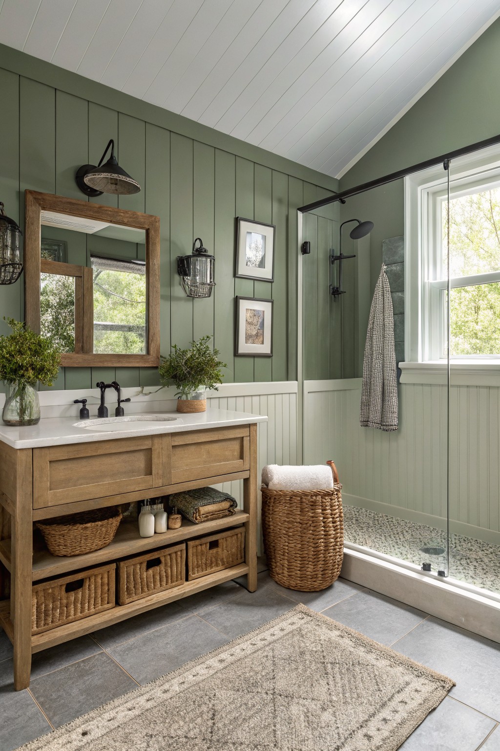 A bathroom with soft sage green walls above white wainscoting and a wooden vanity.