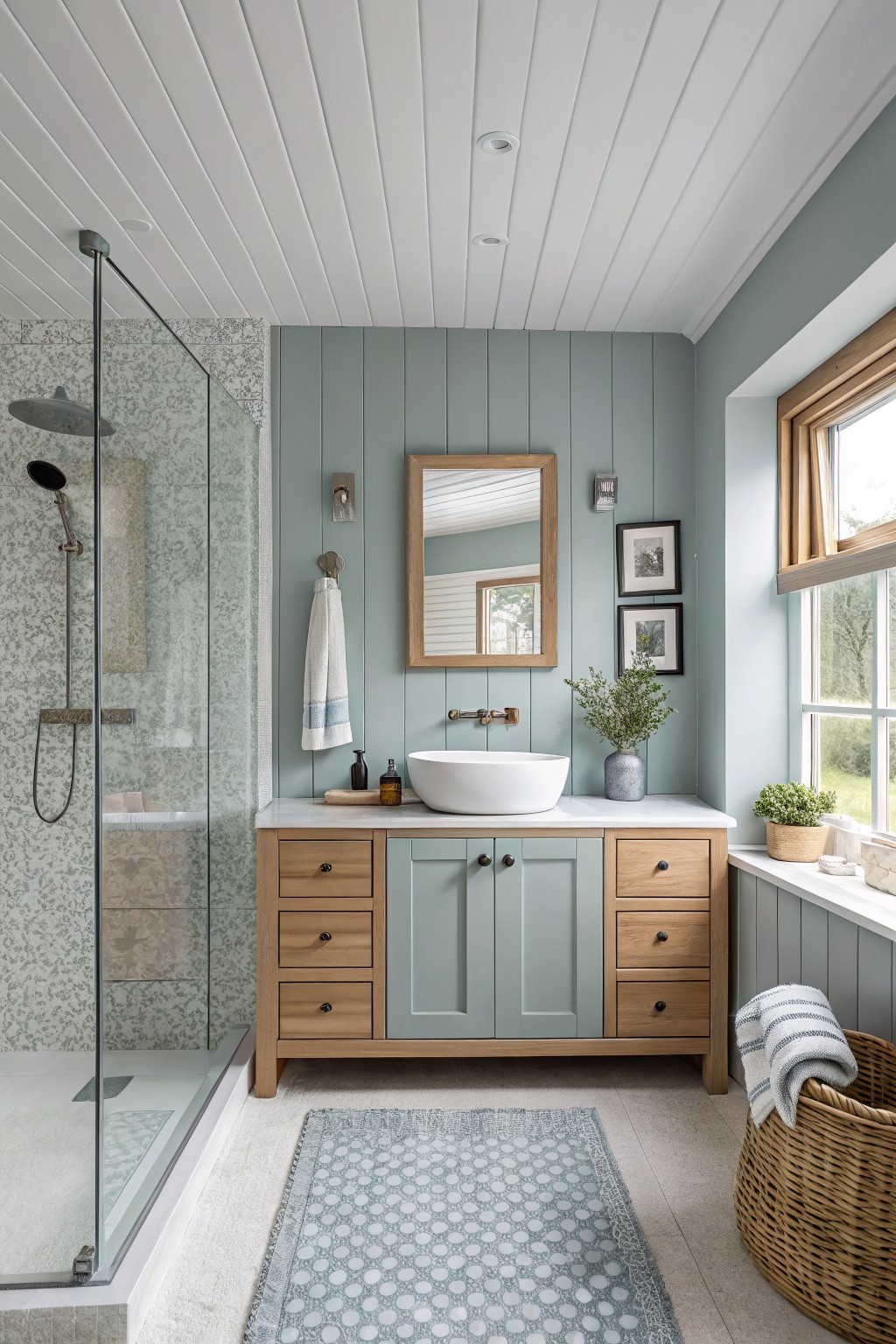 A bathroom featuring soft sage green walls and a wood vanity.