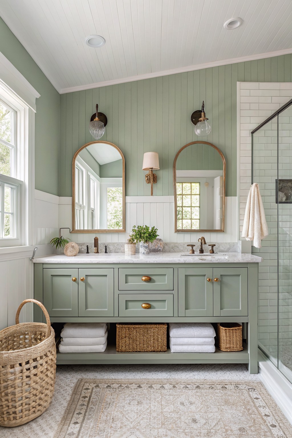 Bathroom walls and vanity painted in soft sage green with white trim and marble counters.