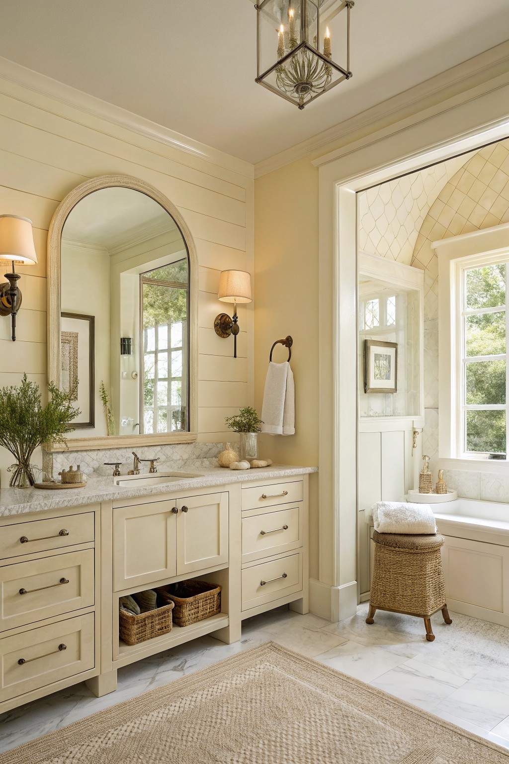 A bathroom with soft warm cream walls and white trim.