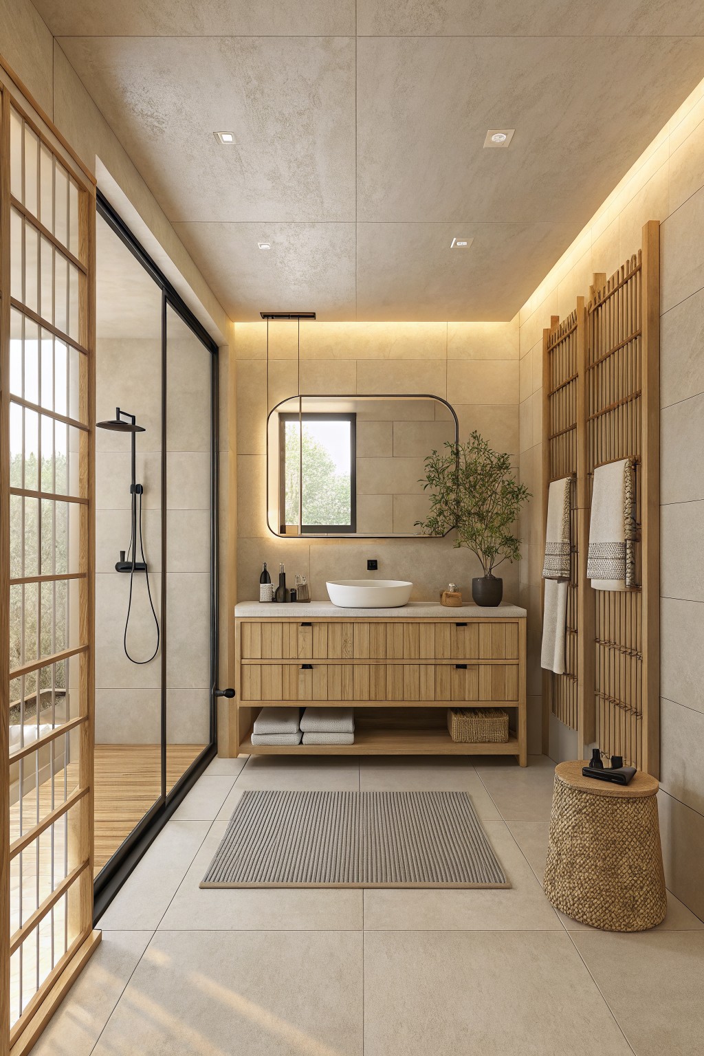 Light warm beige walls in a modern bathroom with wood vanity and tiled surfaces.