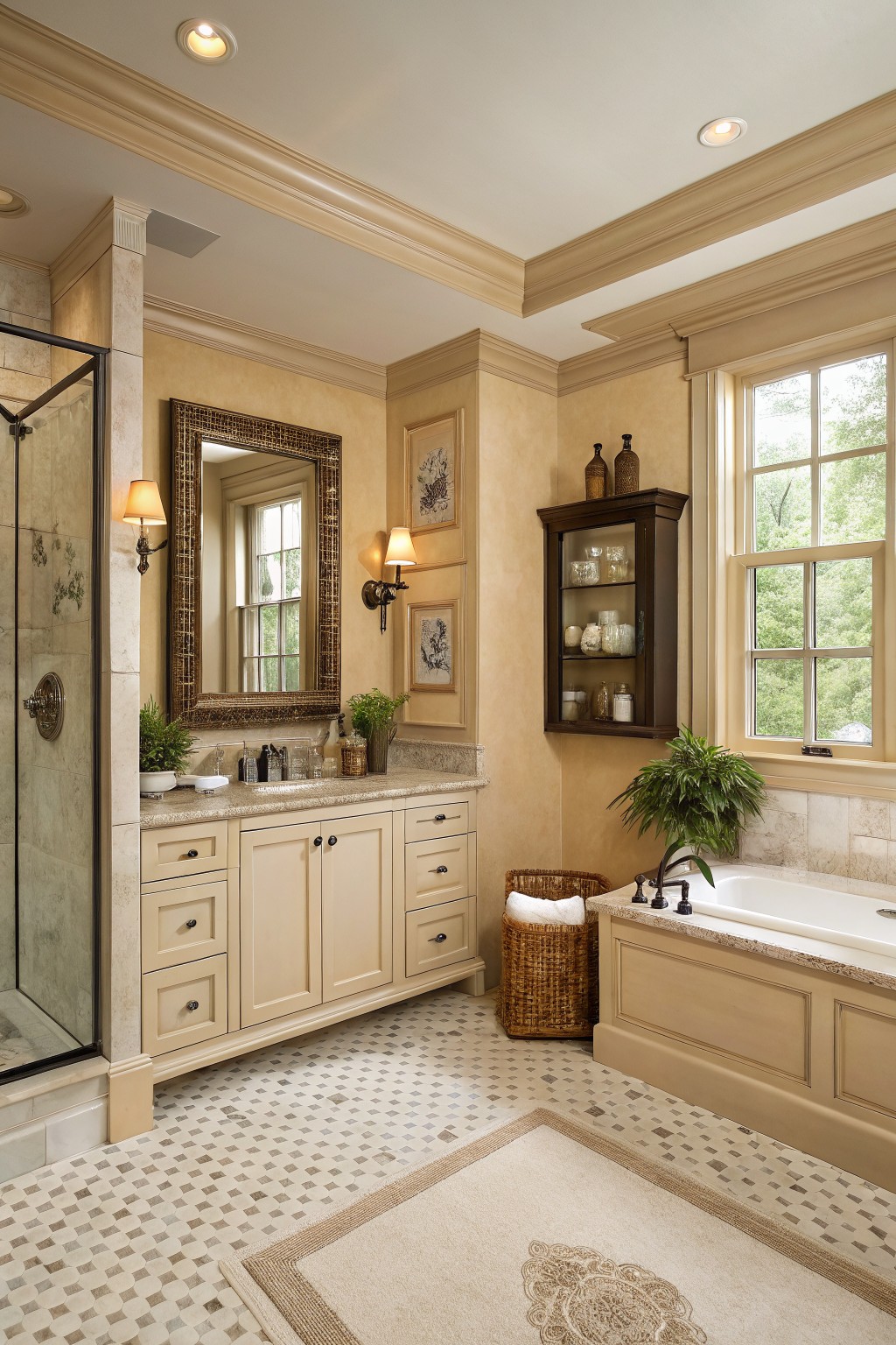 A bathroom with warm beige walls, cream vanity, and a soaking tub.