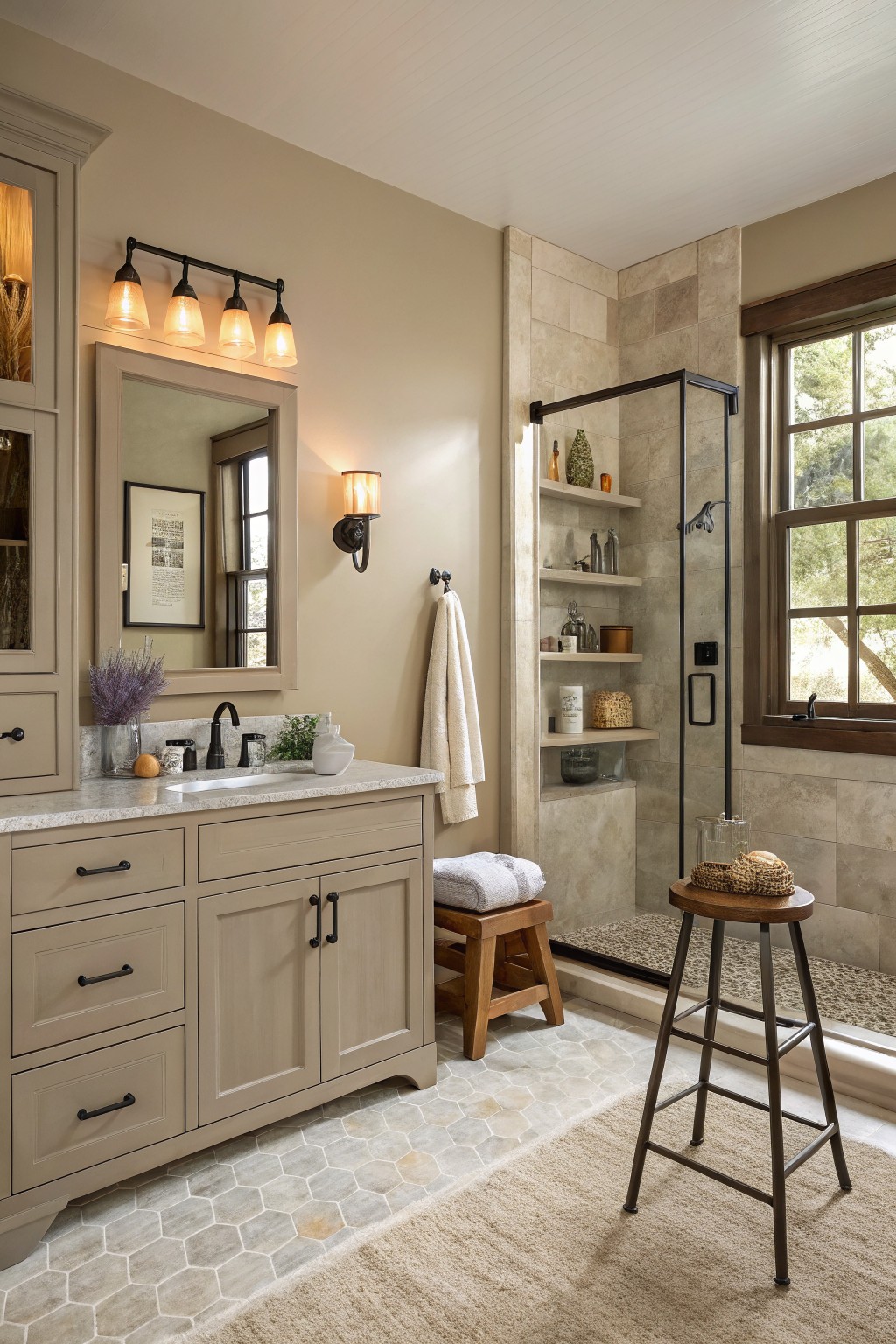 Beige bathroom with marble vanity, glass shower, built-in shelves, and wooden stool.