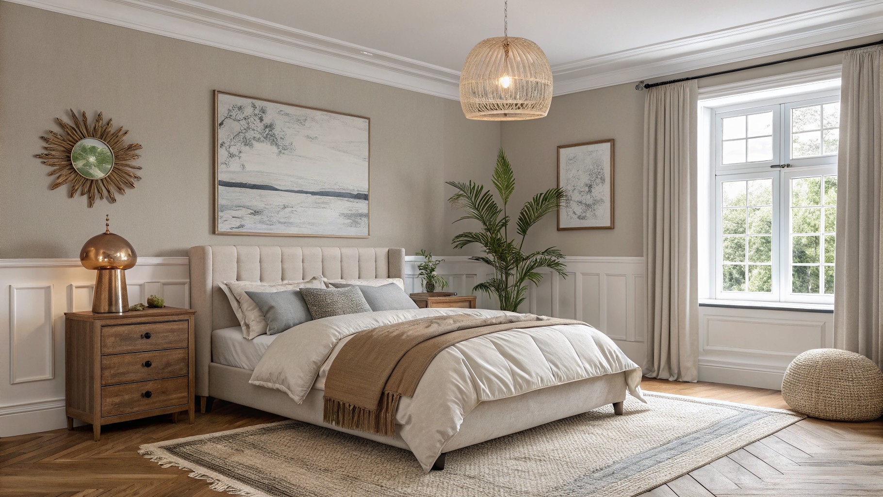 Bedroom walls painted in a soft warm beige color.