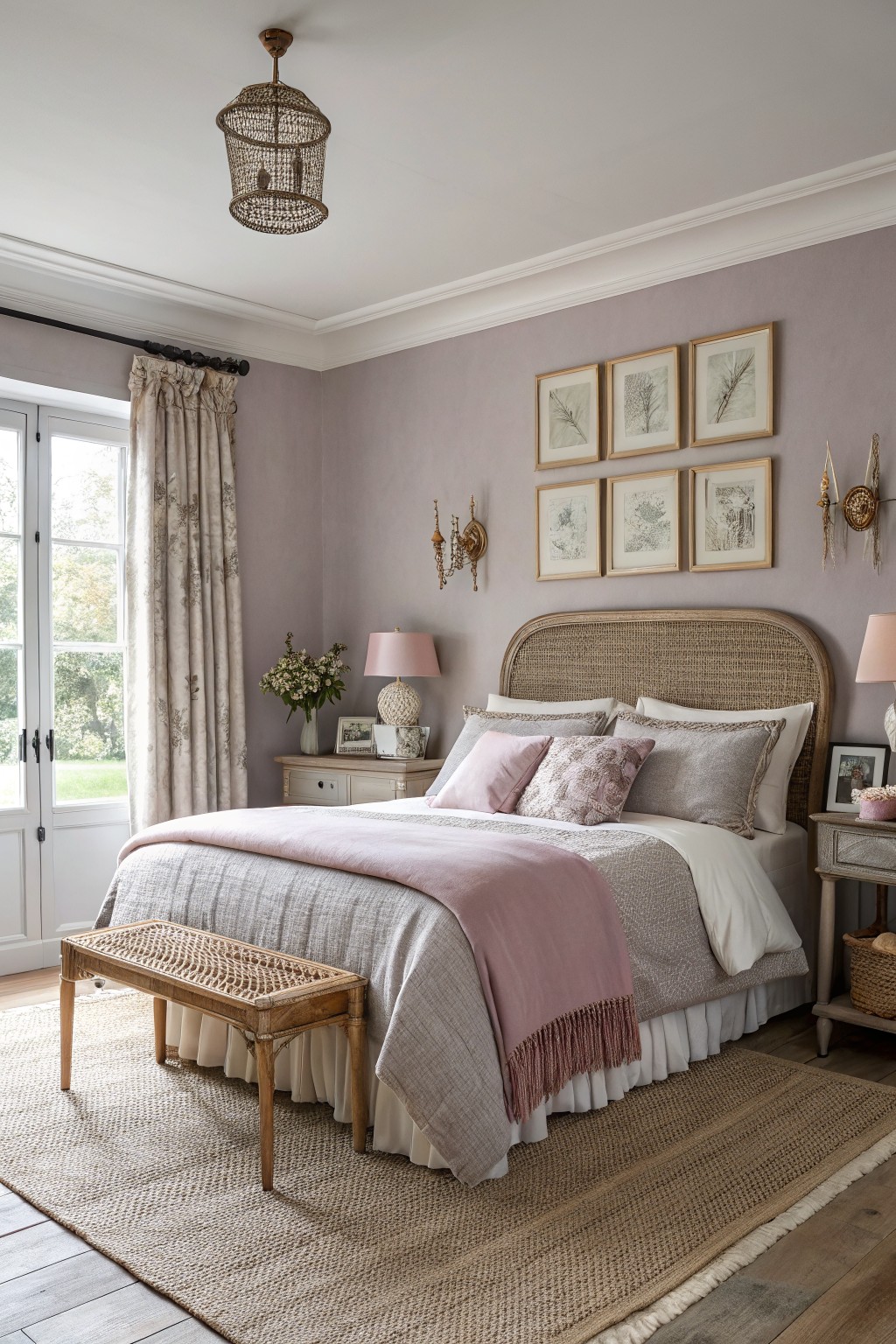 Bedroom with muted lavender gray walls and a woven headboard.