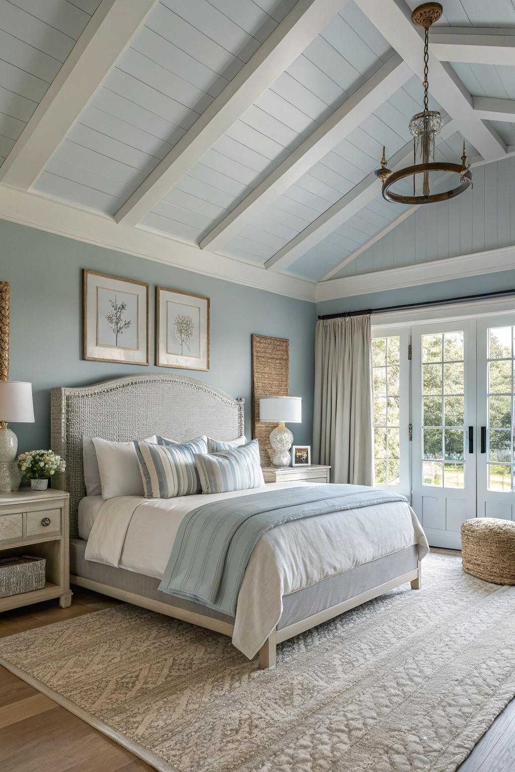 A bedroom with soft blue gray walls and white trim.