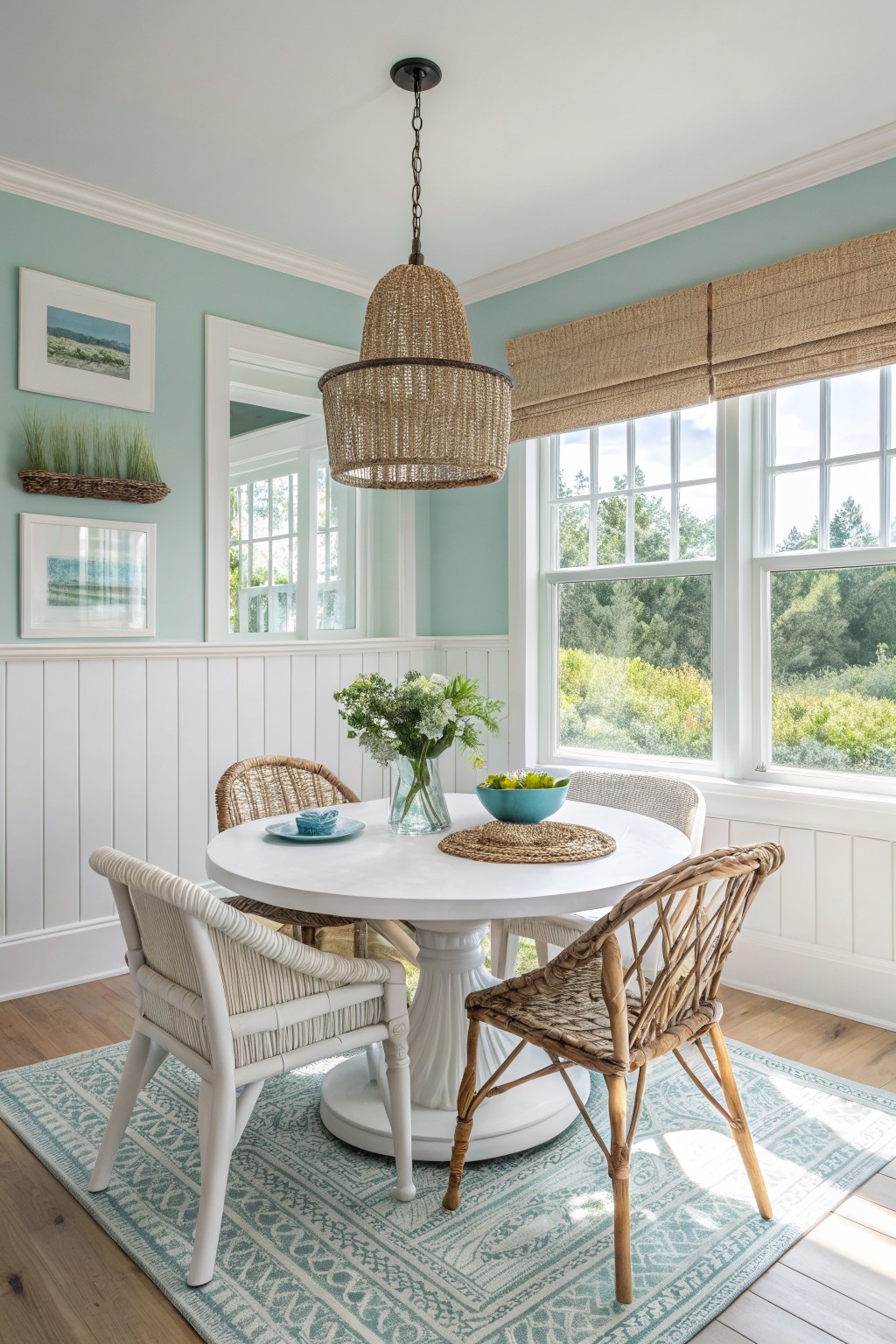 Soft blue green walls in a dining room with white wainscoting and wood floors.