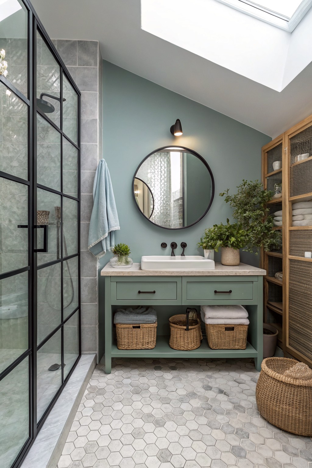 A bathroom featuring soft sage green walls and a matching vanity.