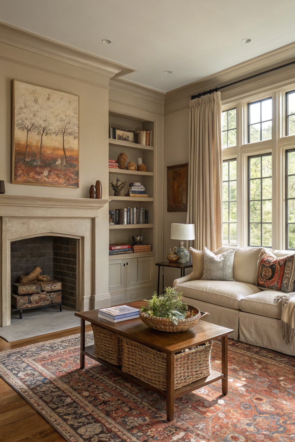 Living room walls painted in a soft warm beige beside a stone fireplace and built-in shelves.