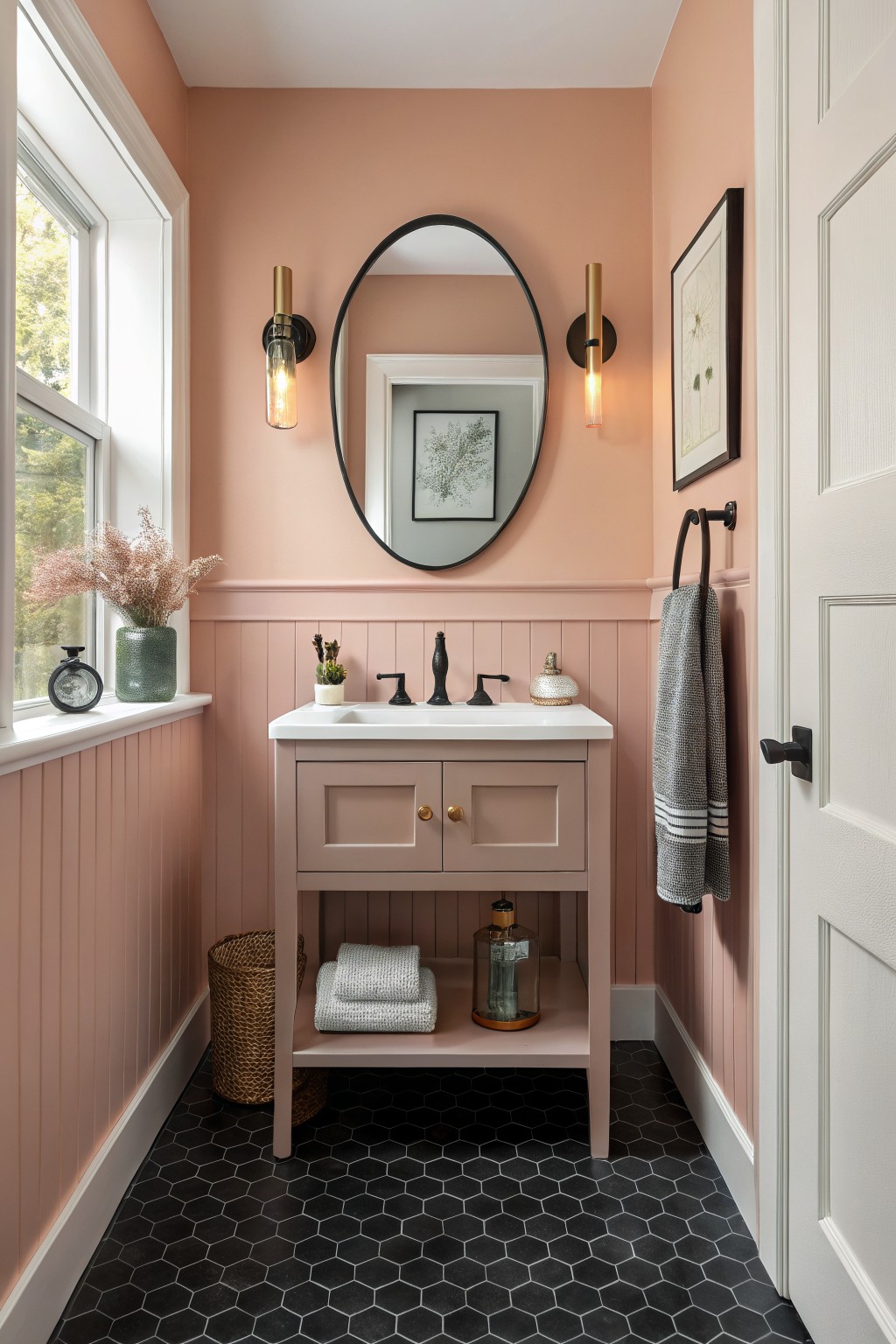 A bathroom featuring soft peach walls above pink wainscoting and a black hex tile floor.