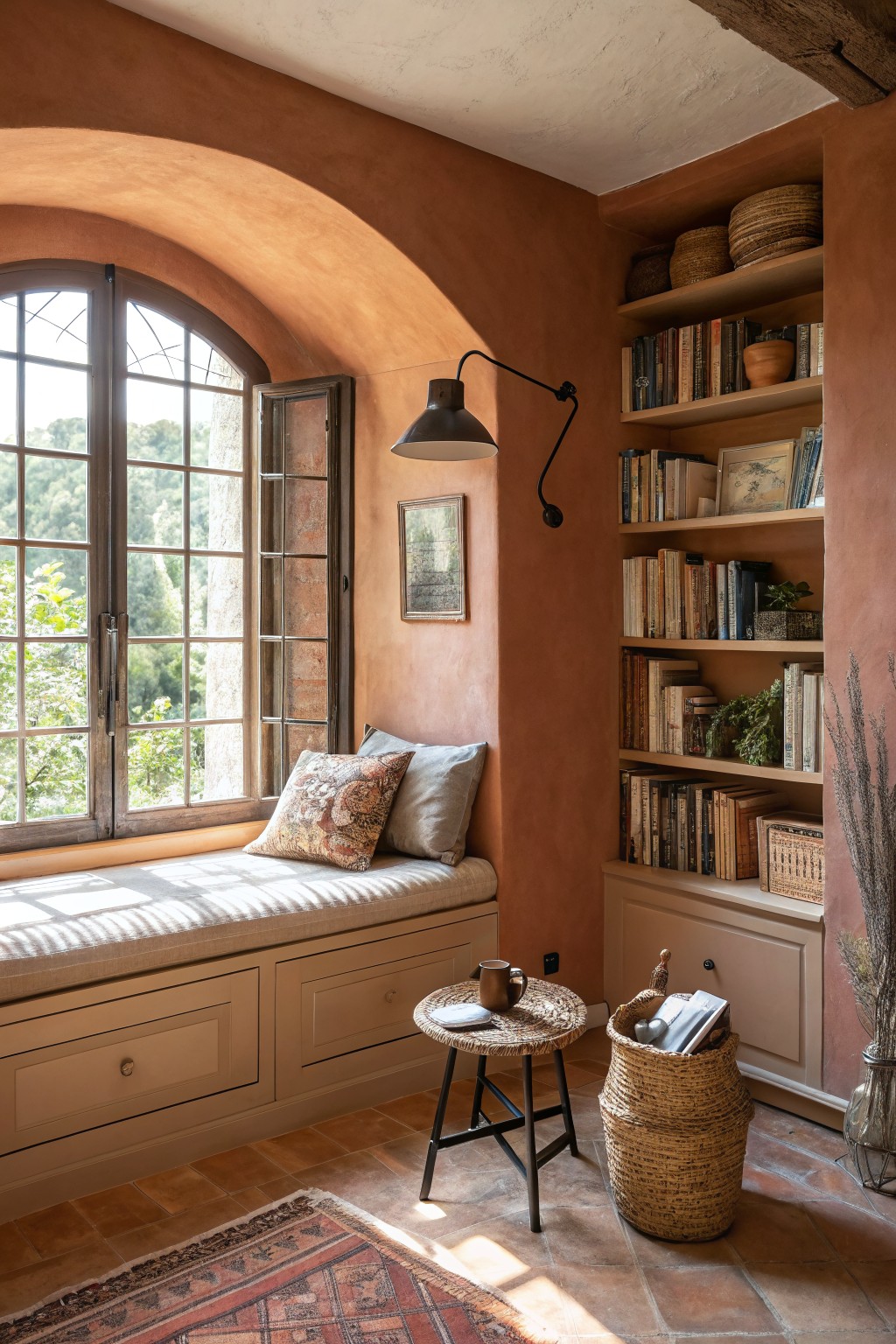 Warm terracotta walls in an interior reading nook with built-in bookshelves.