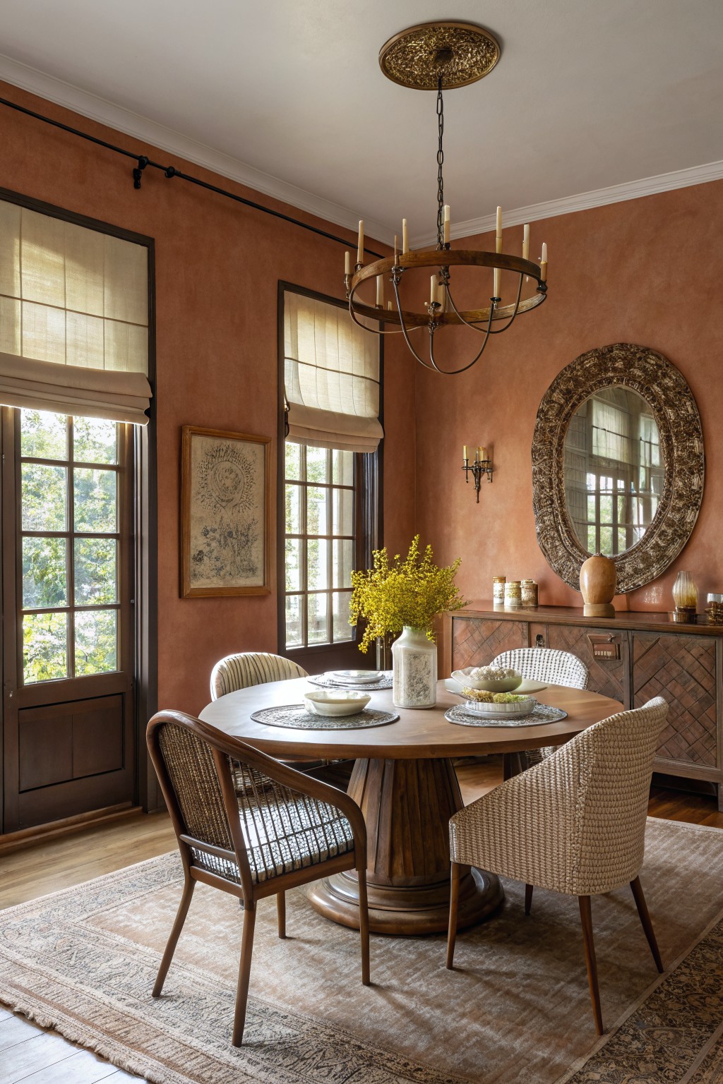 A dining room with warm terracotta walls and a round wooden table.