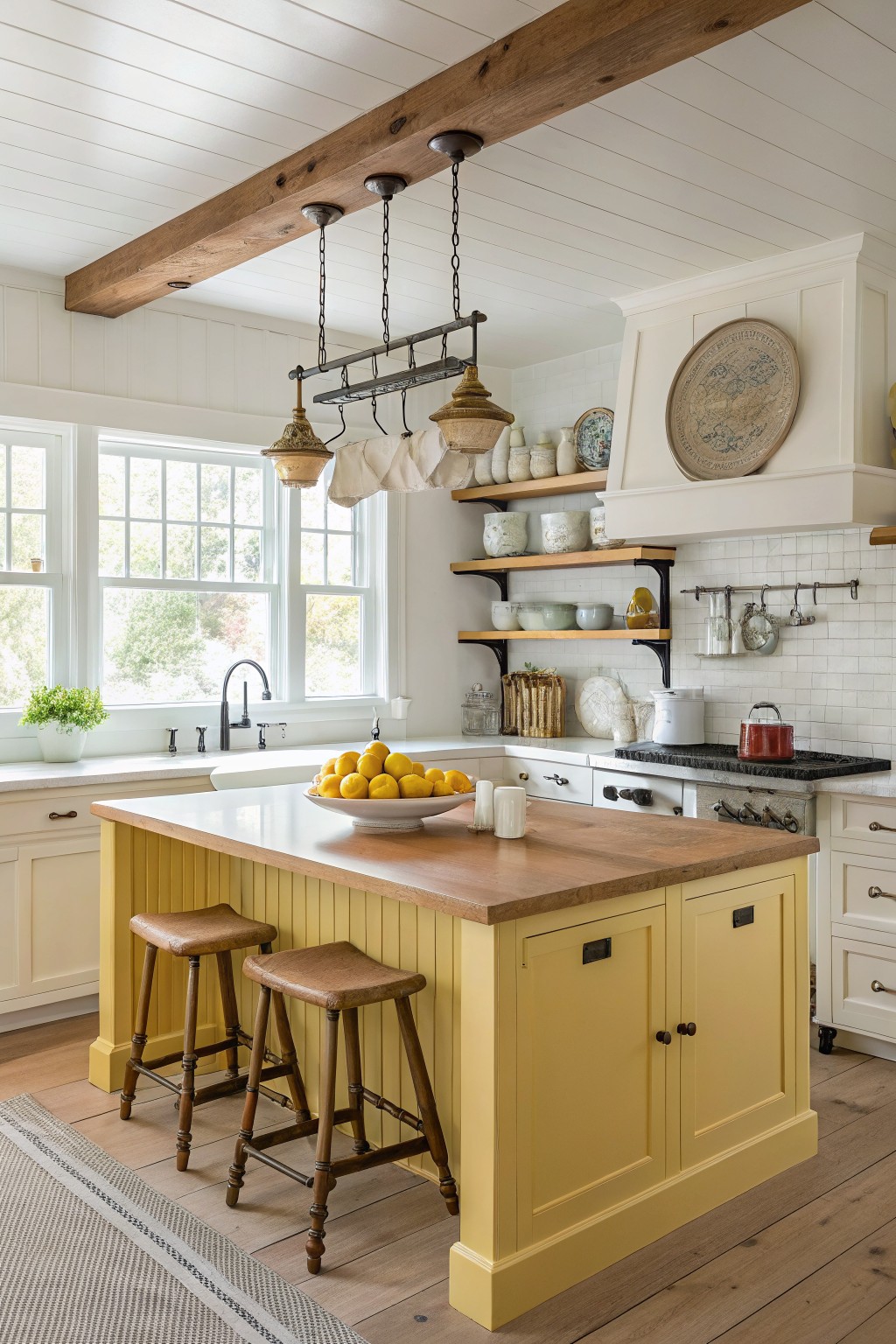 A kitchen island painted in warm yellow with a wood countertop and two wooden stools.