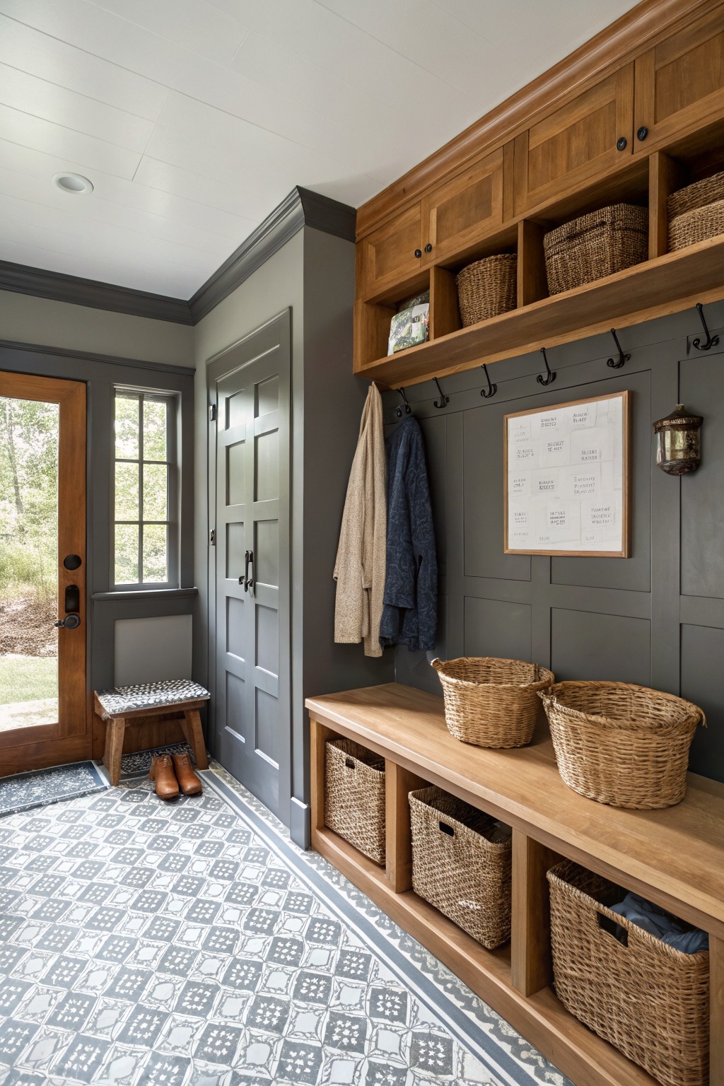 Dark gray green walls and cabinetry paired with honey oak built-ins in a mudroom.