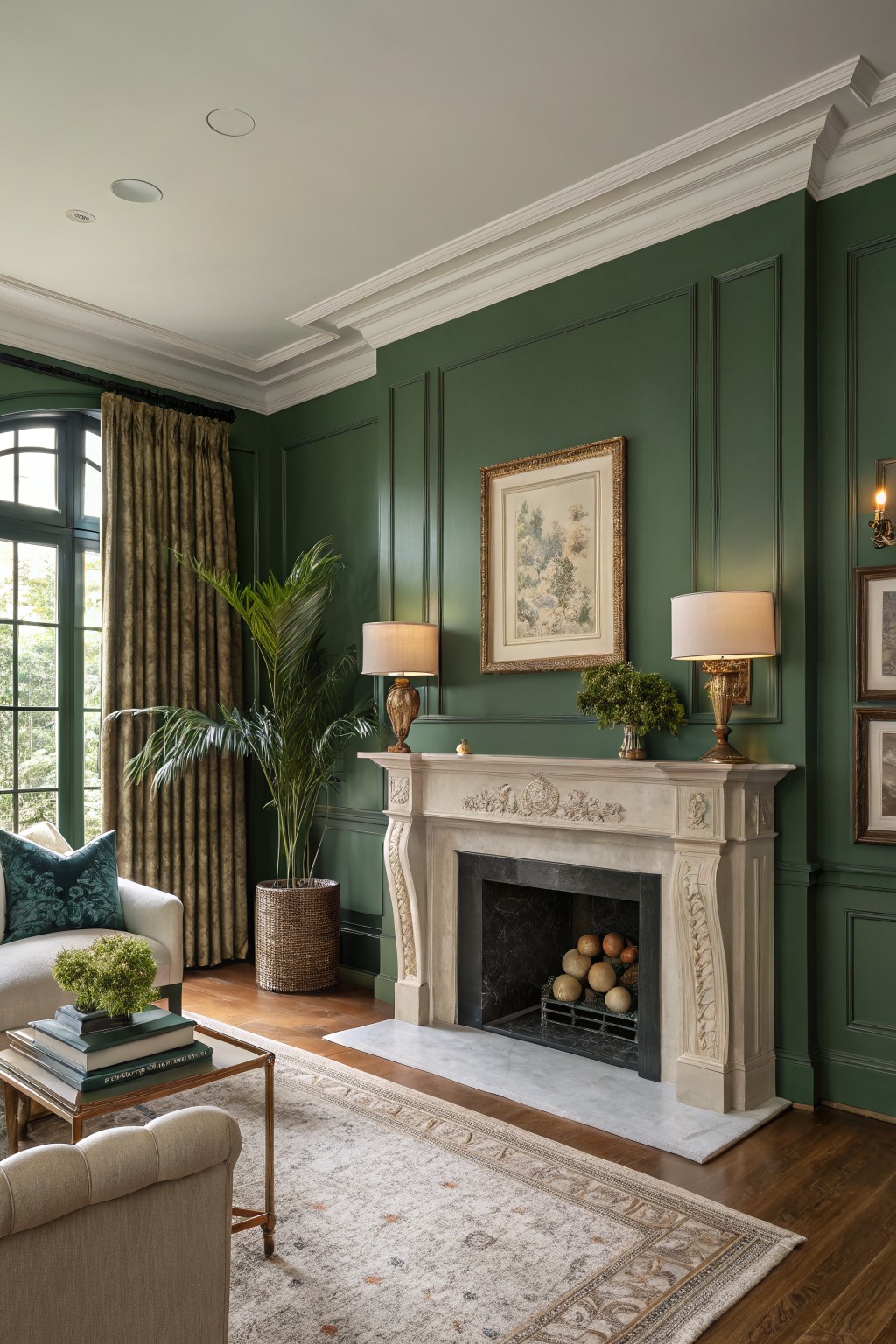 Deep green walls in a living room with white trim and honey oak floors.