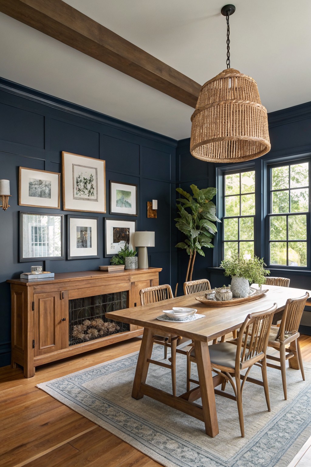 Dining room with dark blue walls, wooden table, chairs, and large woven pendant light.