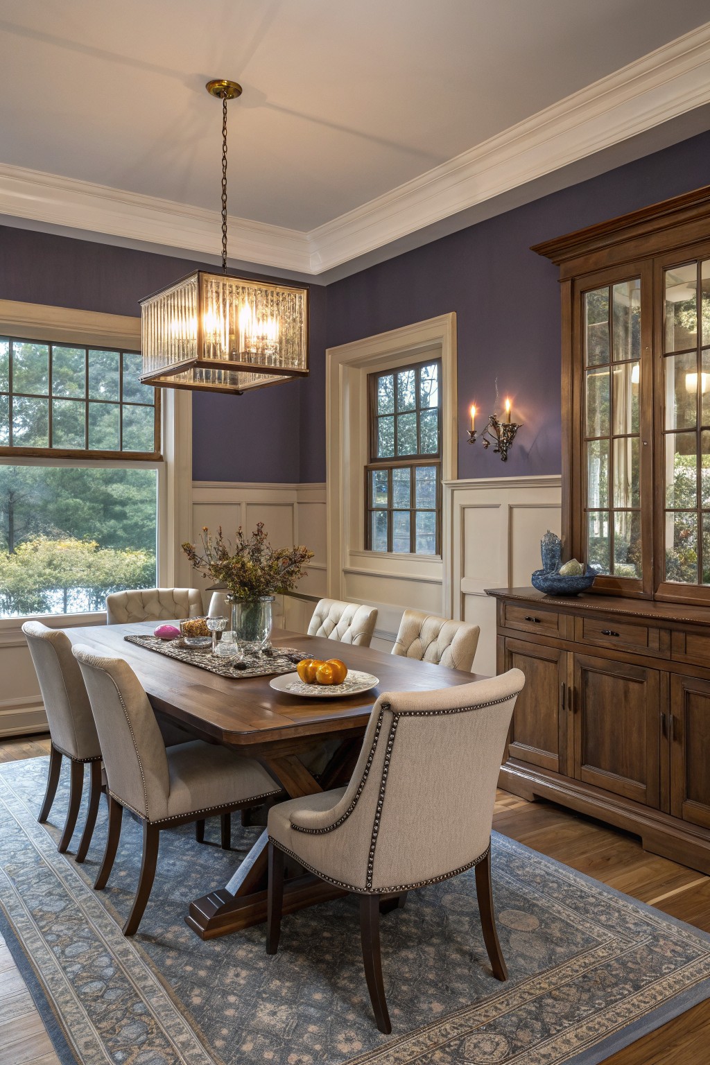 Elegant dining room with wooden table, beige chairs, purple walls, and chandelier.