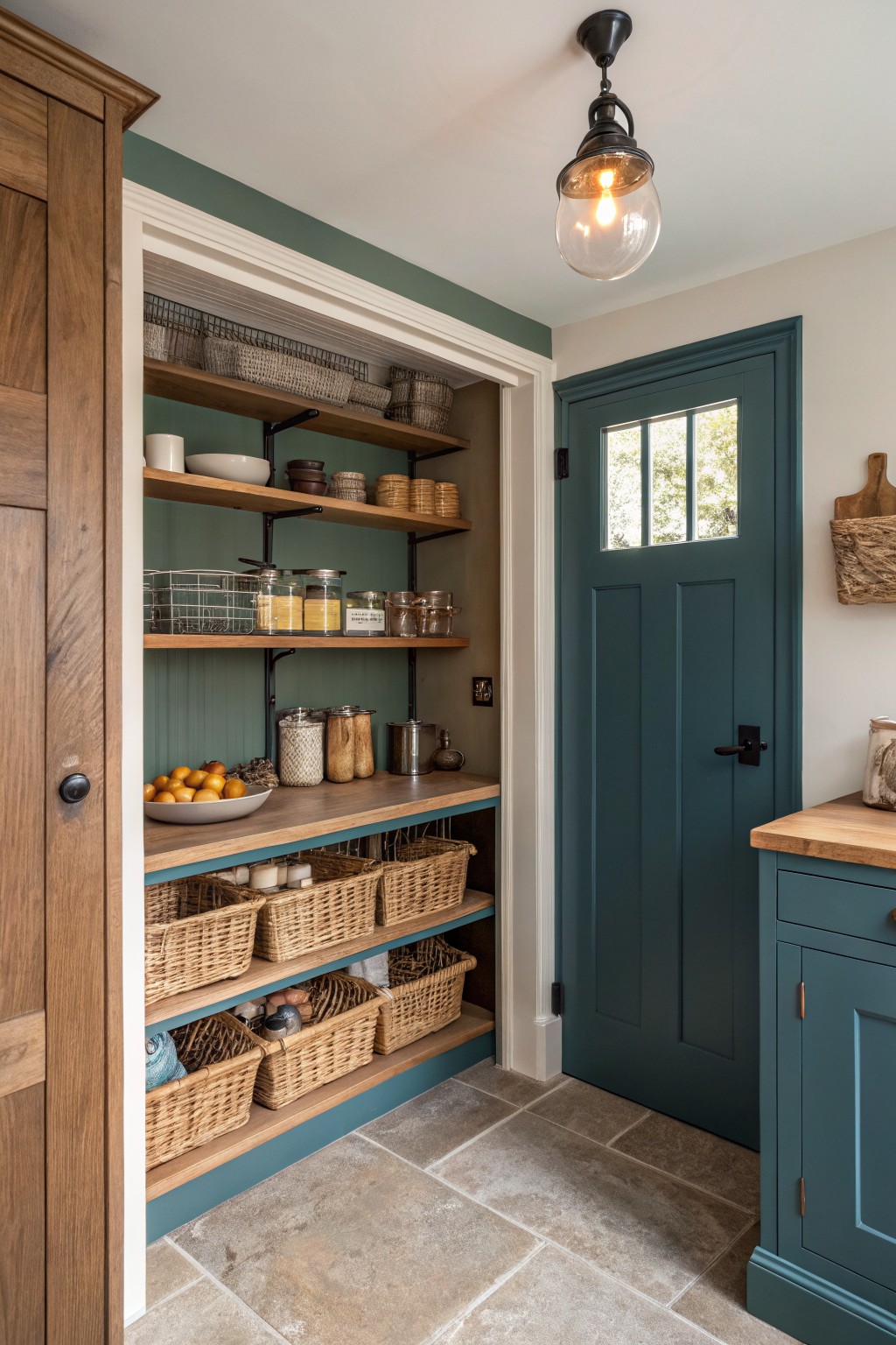 A deep teal painted pantry with honey oak open shelves and woven storage baskets.