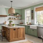Kitchen walls painted soft sage green above honey oak cabinets and white tile.