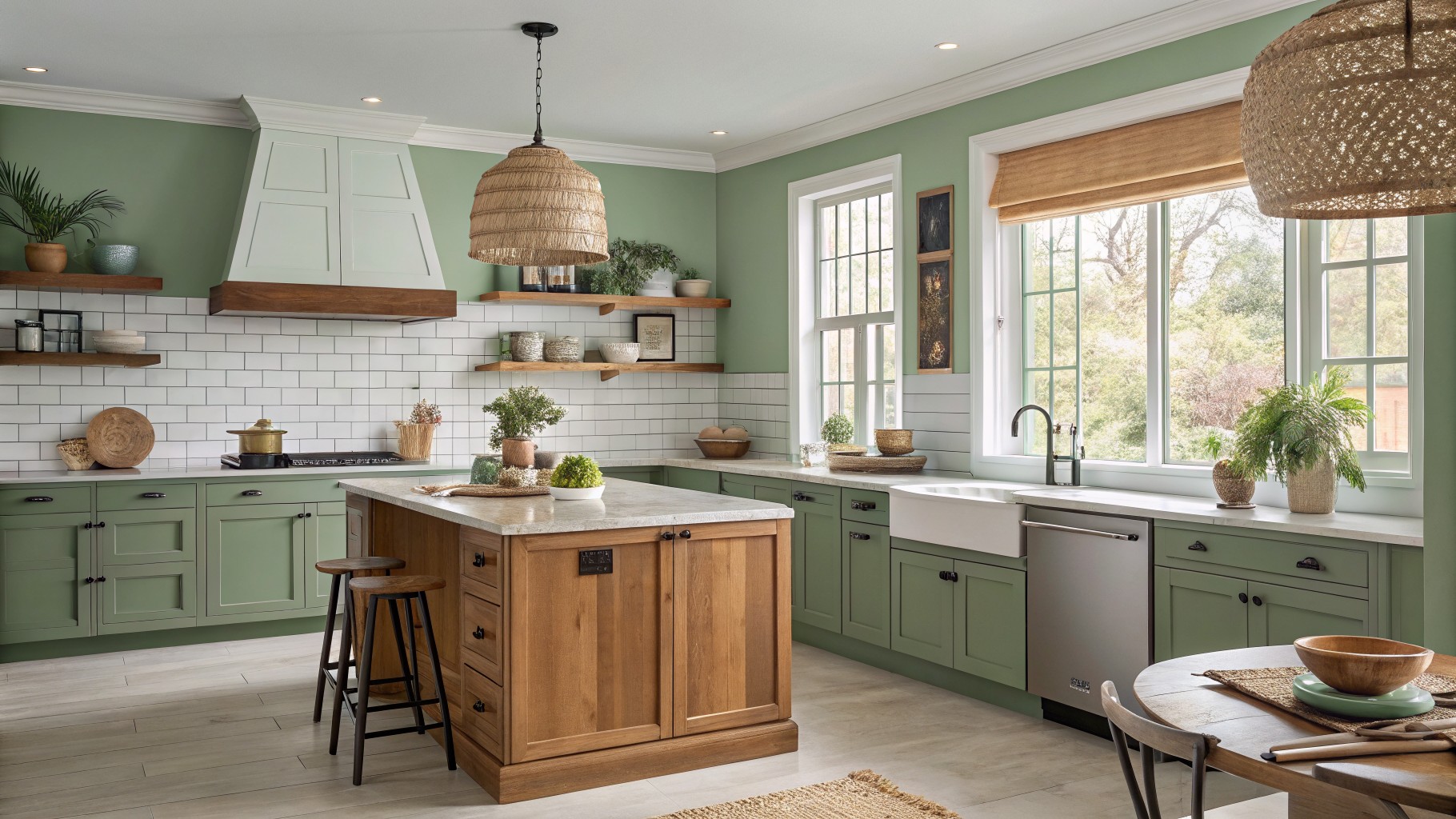 Kitchen walls painted soft sage green above honey oak cabinets and white tile.