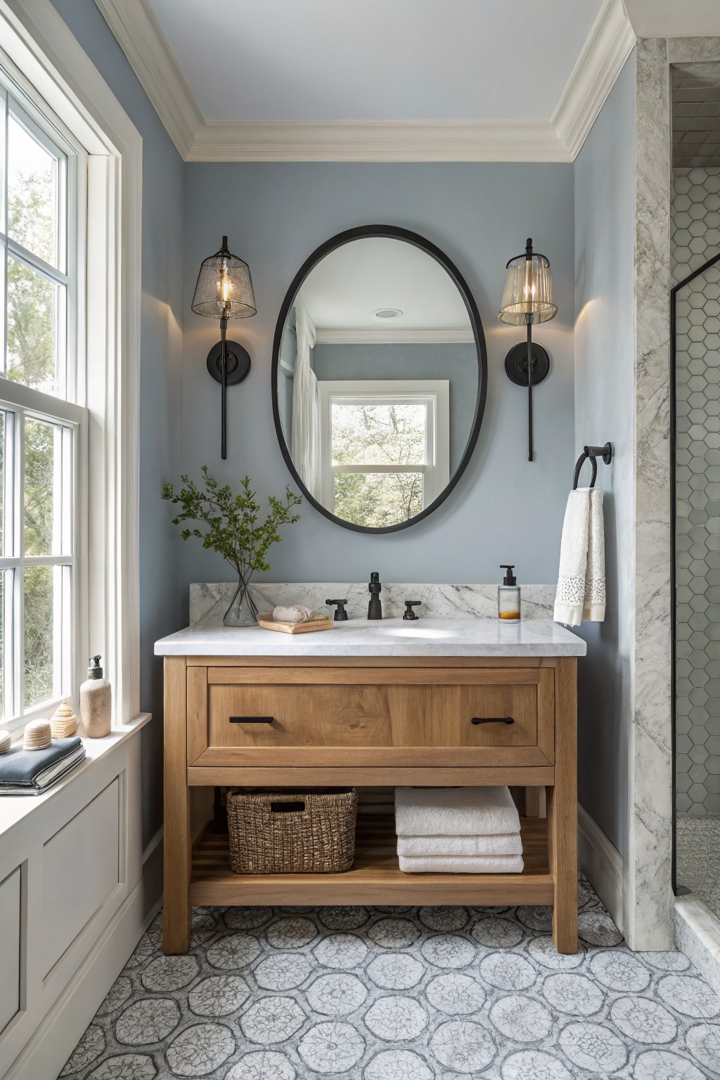 Bathroom walls in a soft blue gray paired with honey oak vanity.