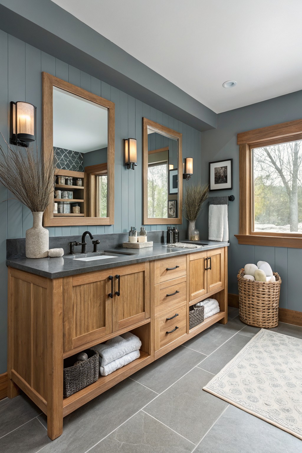 Bathroom walls painted a soft blue gray beside honey oak cabinets.