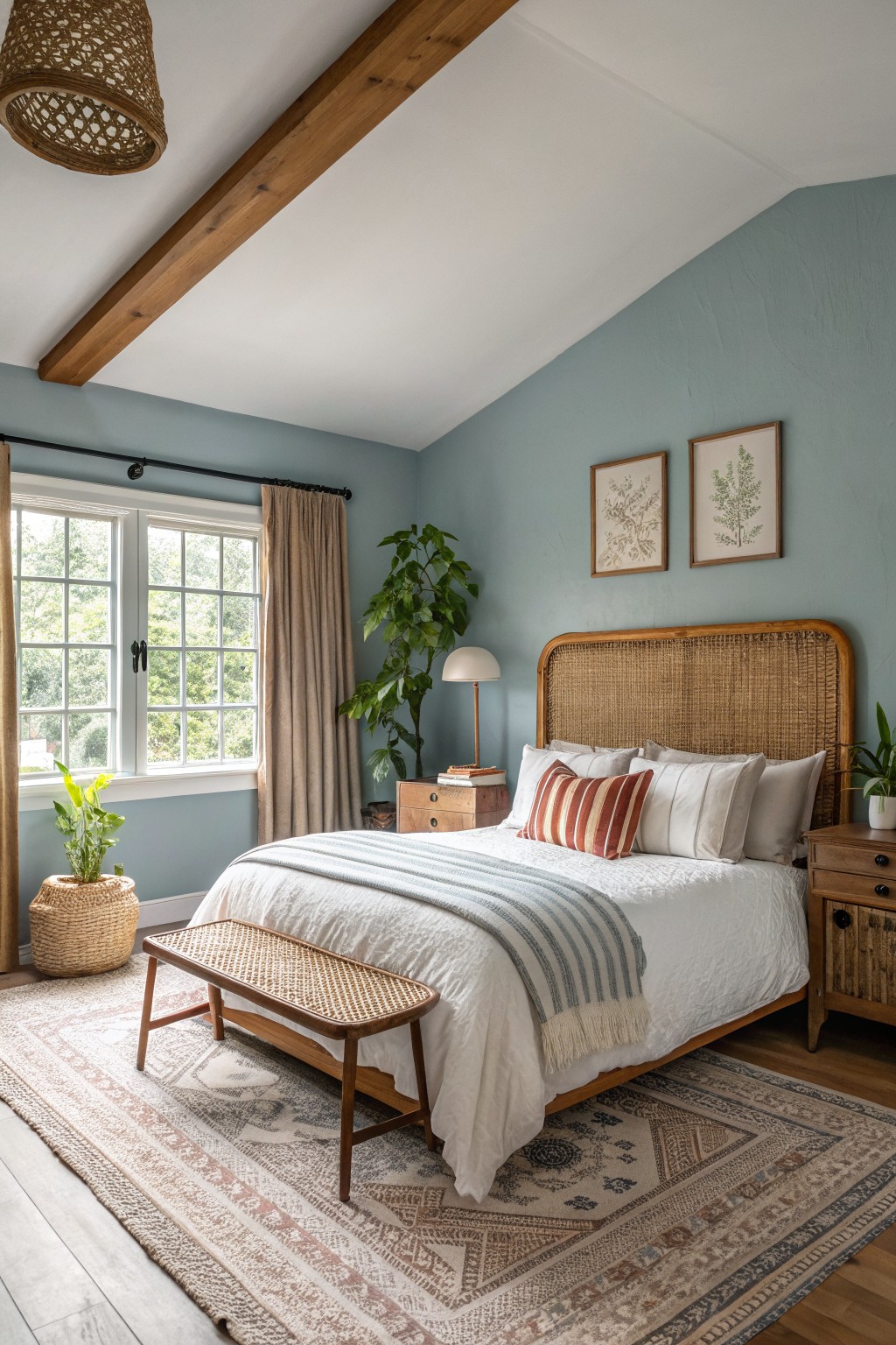Bright bedroom with rattan headboard, white linens, blue walls, wooden beams, and rug
