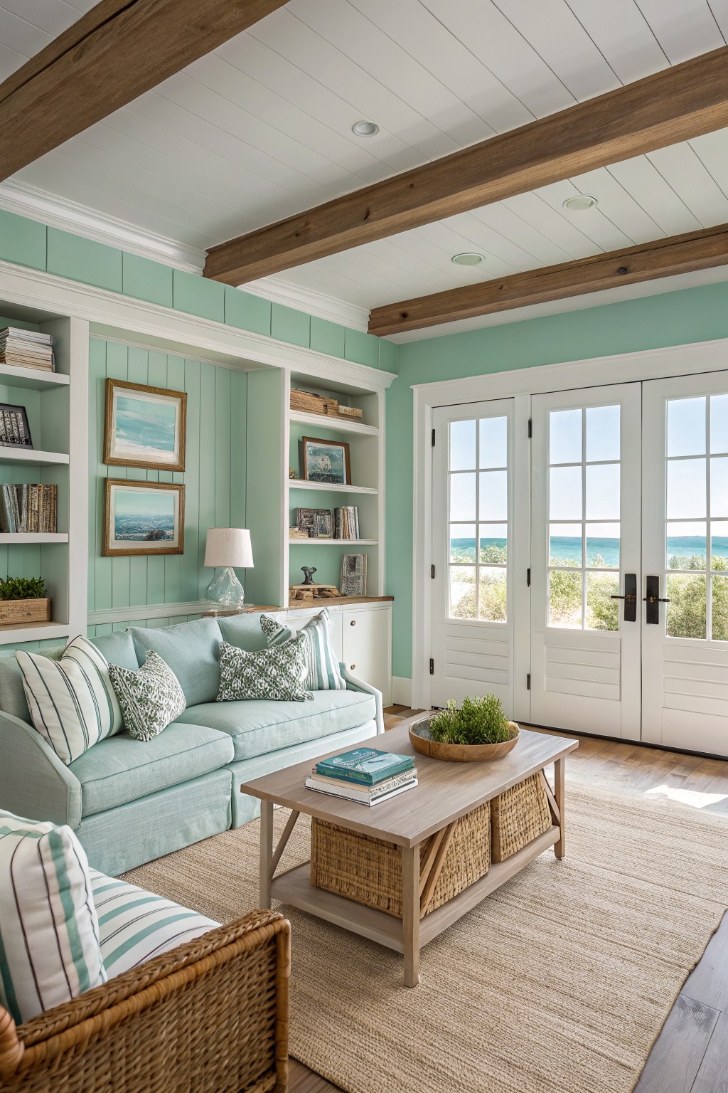 Soft seafoam green walls in a living room with white built-in shelves and honey oak beams.