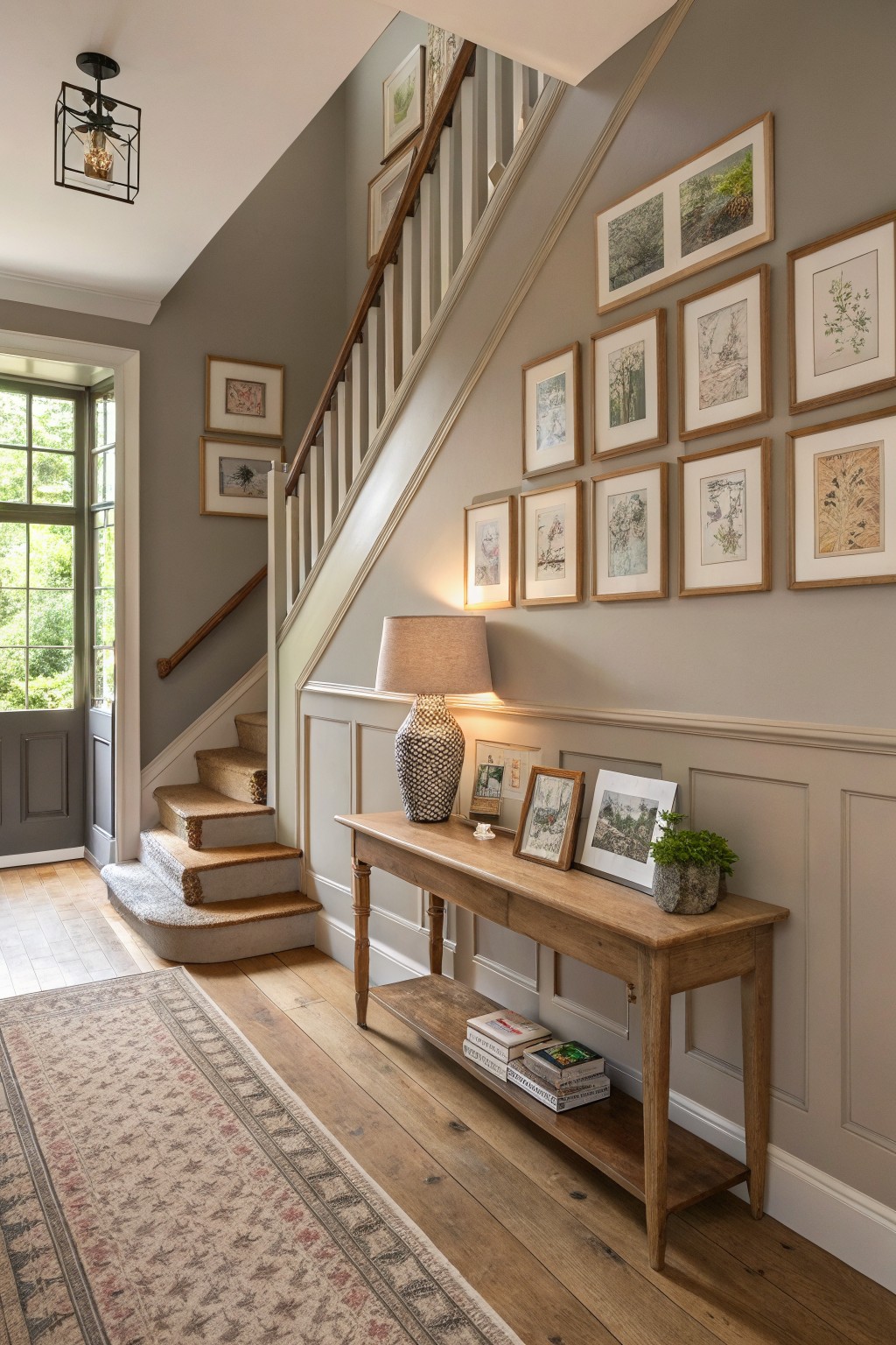 The walls are painted a soft greige above white wainscoting in this stairwell.
