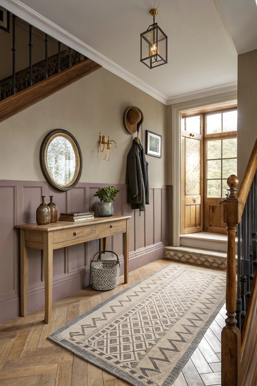 Soft greige paint covers the upper walls beside honey oak trim and stairs.
