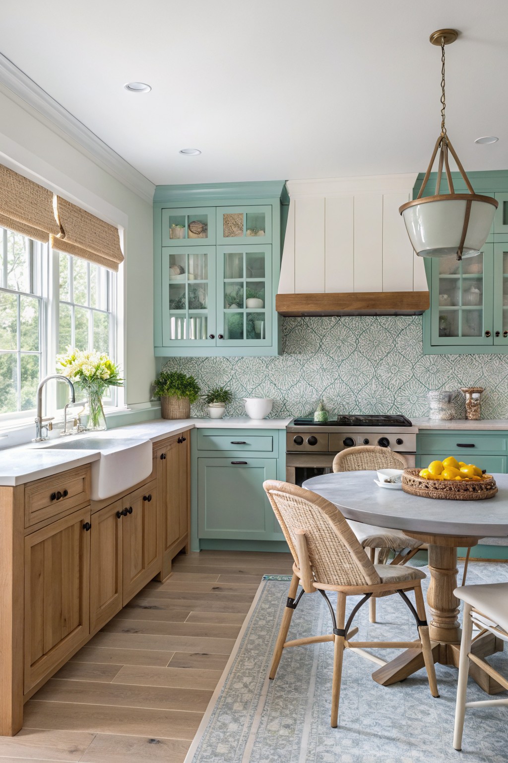 Light sage green upper cabinets paired with honey oak lower cabinets in a kitchen.