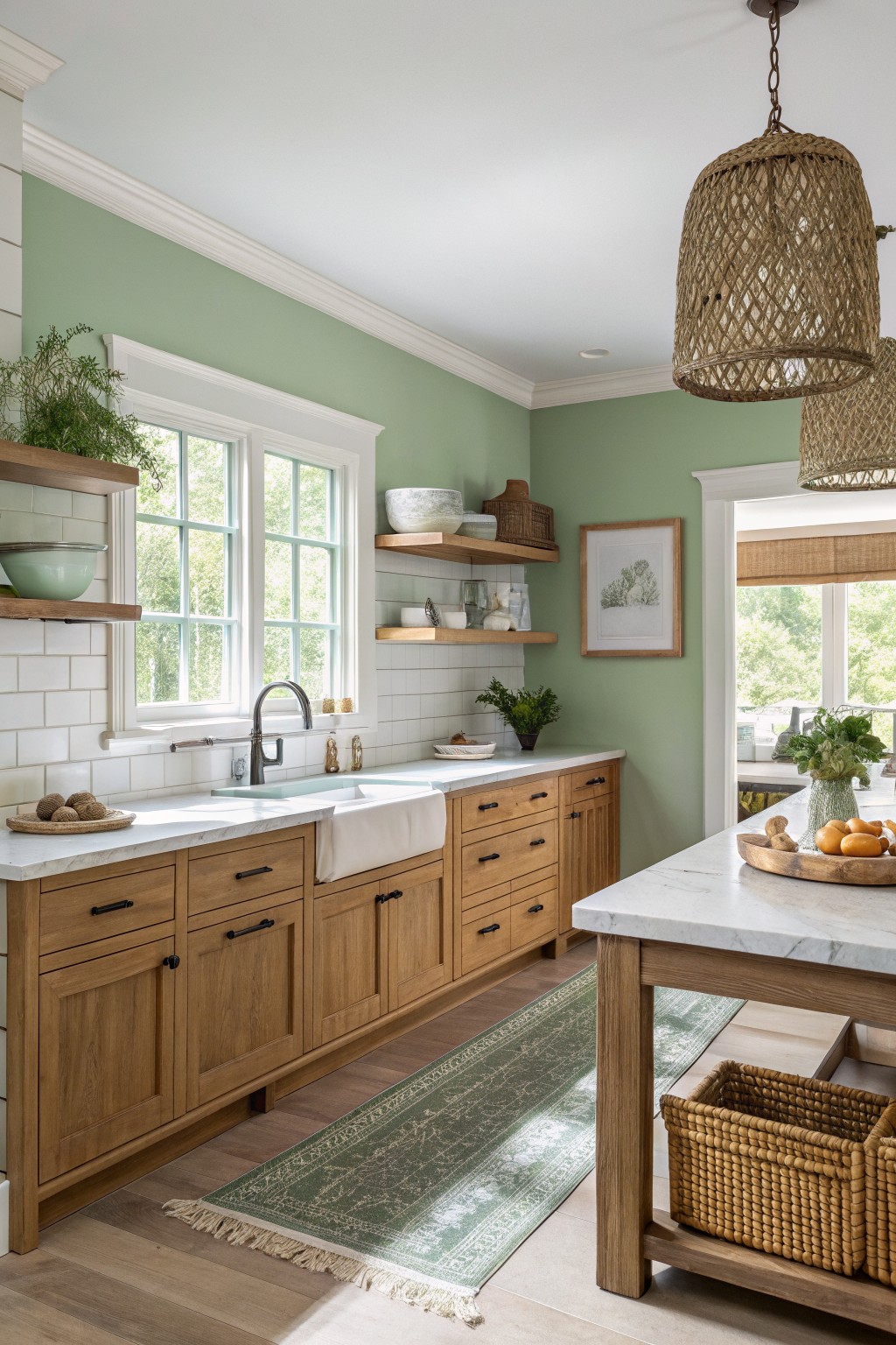 Kitchen walls painted soft sage green above honey oak cabinets and white tile.