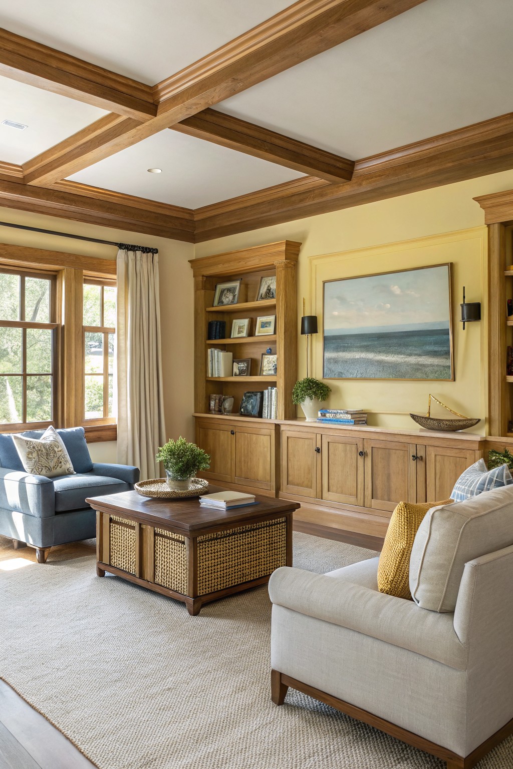Living room walls painted in a soft warm yellow beside honey oak built-ins.