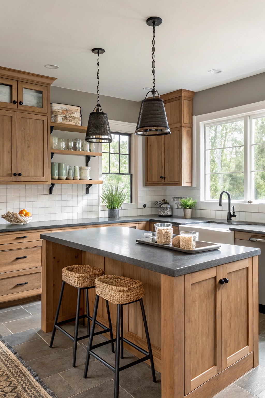 A kitchen with warm greige walls and honey oak cabinets.