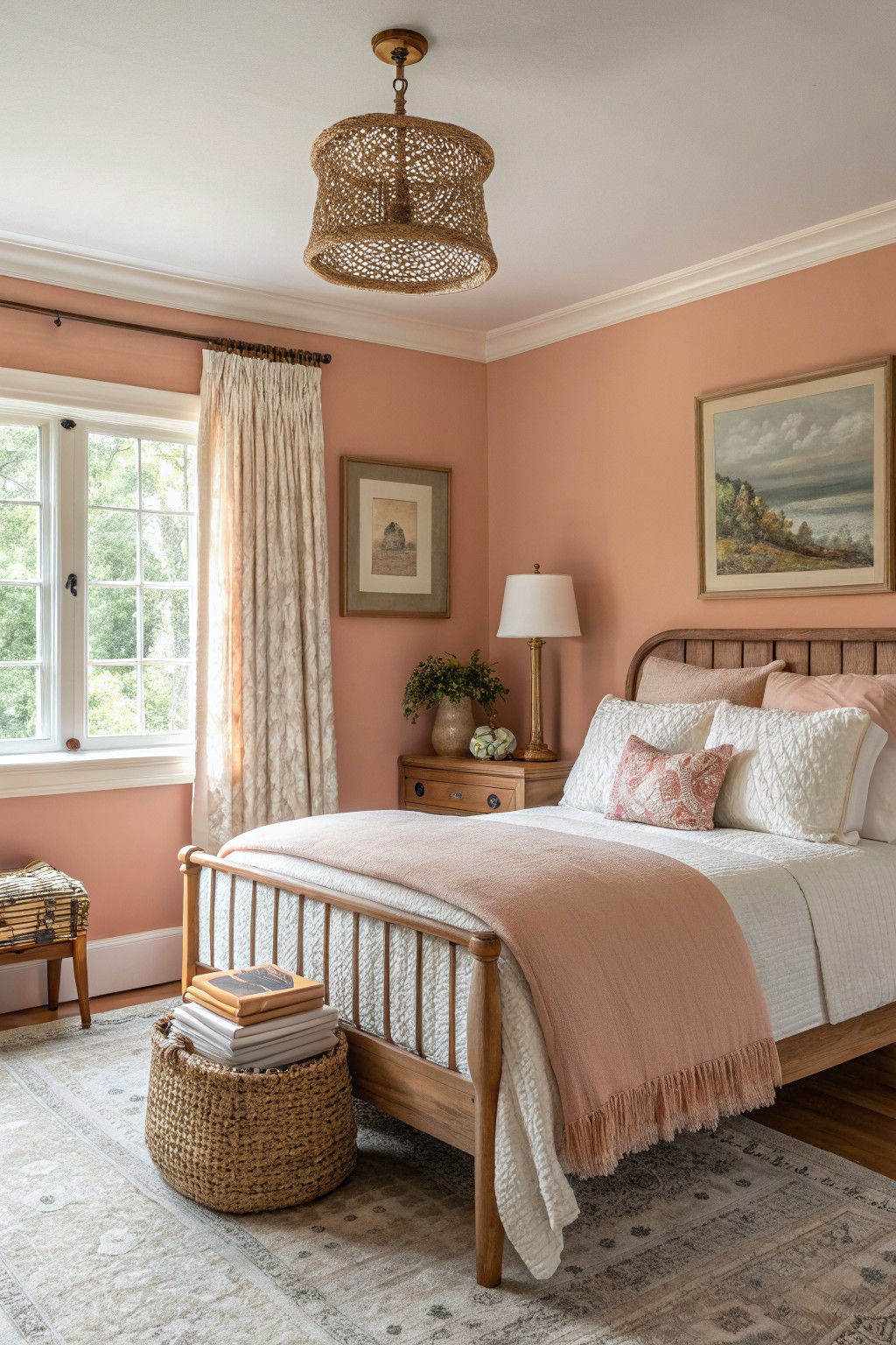 A bedroom with soft peach walls and honey oak bed frame.