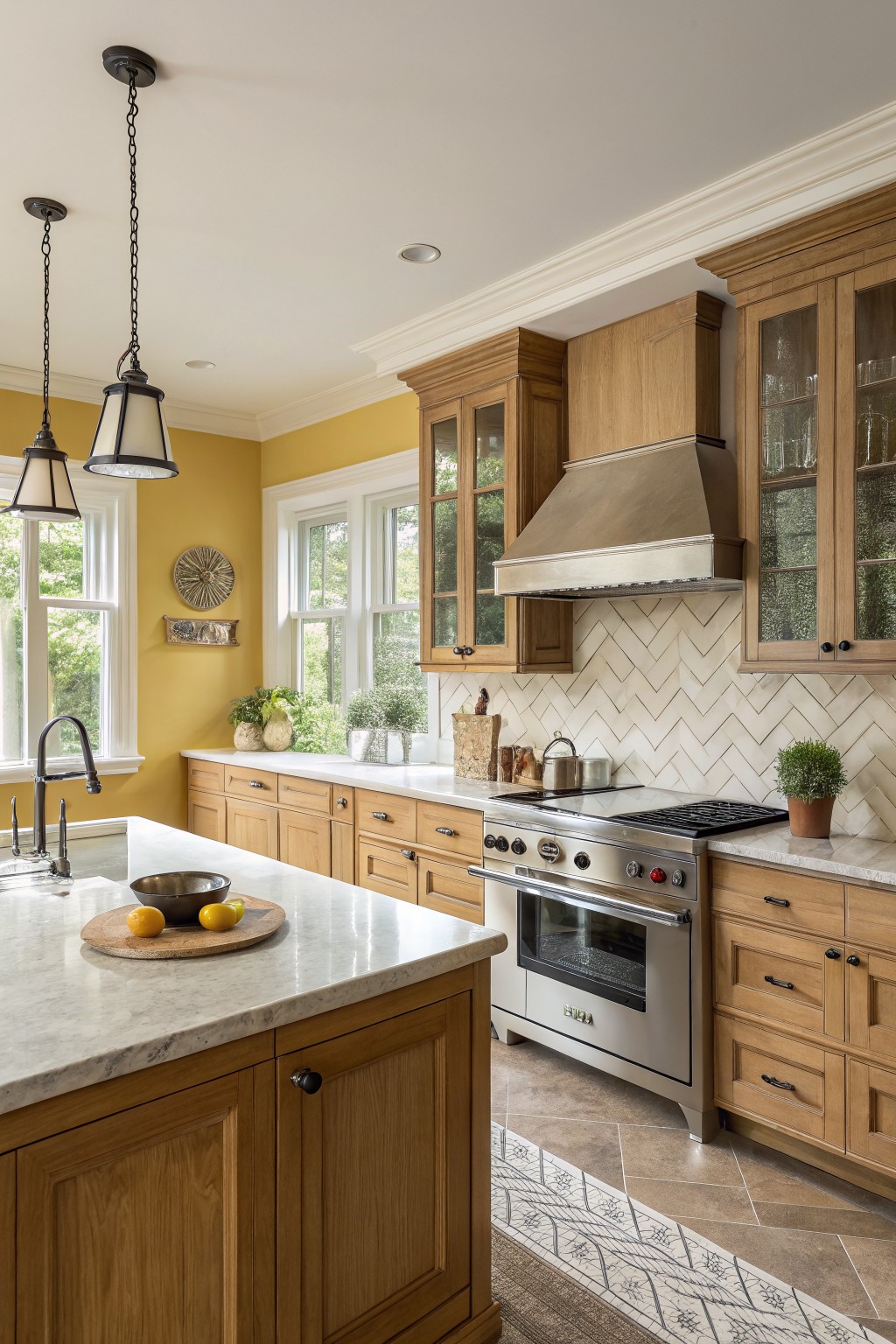 A kitchen with warm yellow walls and honey oak cabinets.