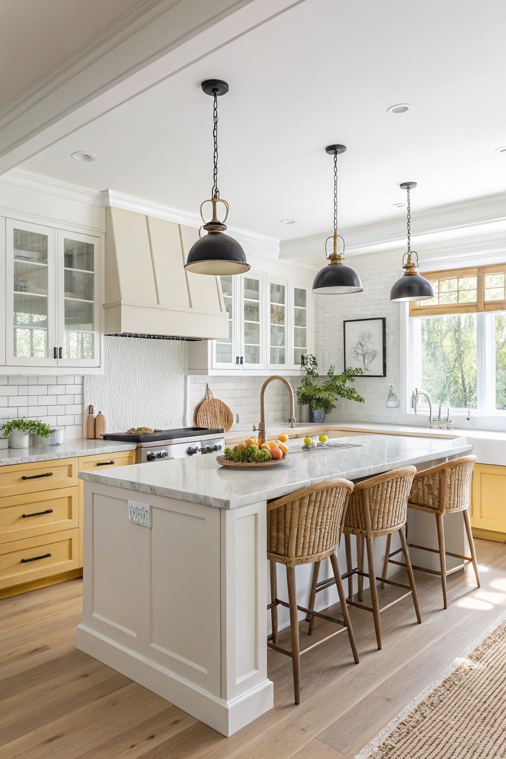 A kitchen with creamy white cabinets and a large island.