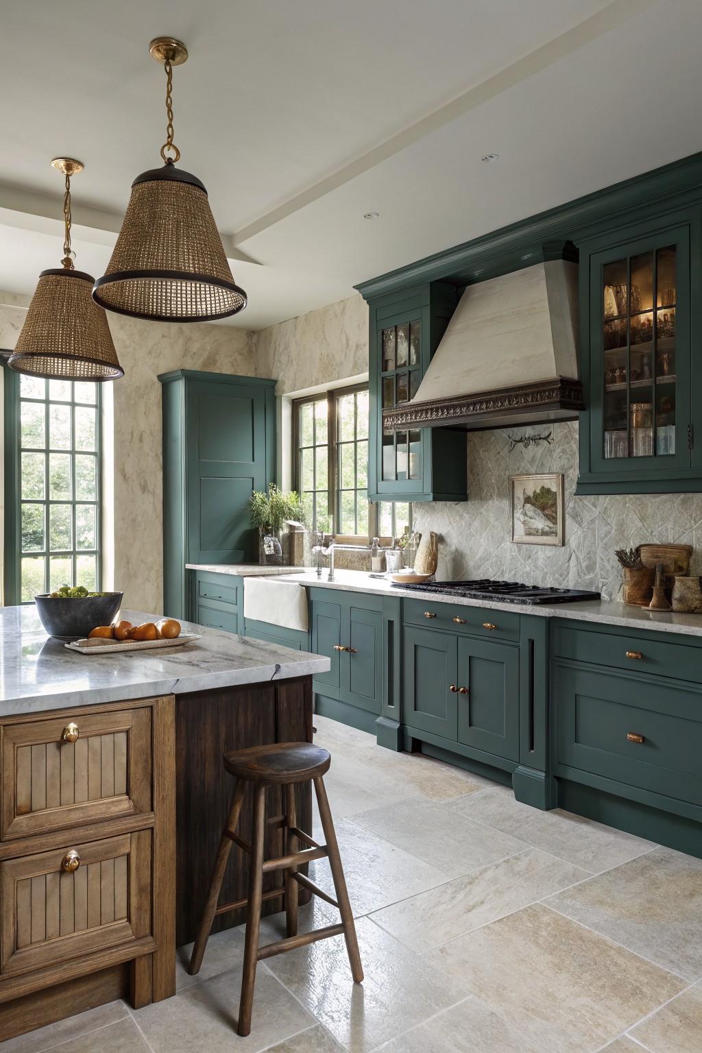 Dark green kitchen cabinets with a marble island and wood accents.