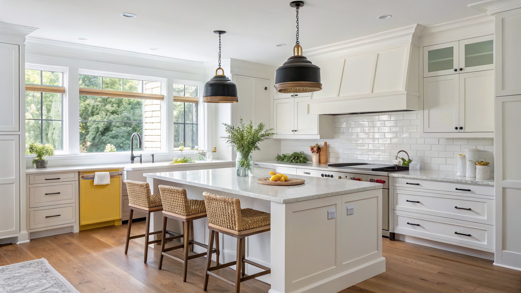 A kitchen with creamy white cabinets and a large island.
