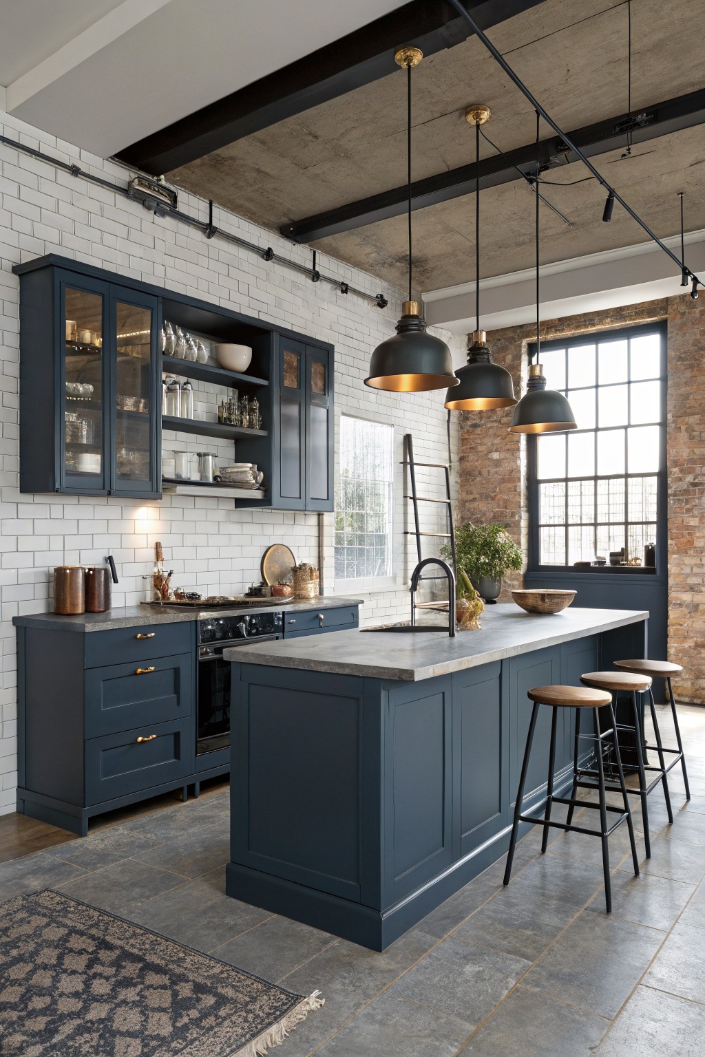 Navy blue kitchen cabinets and island with gray stone counters.
