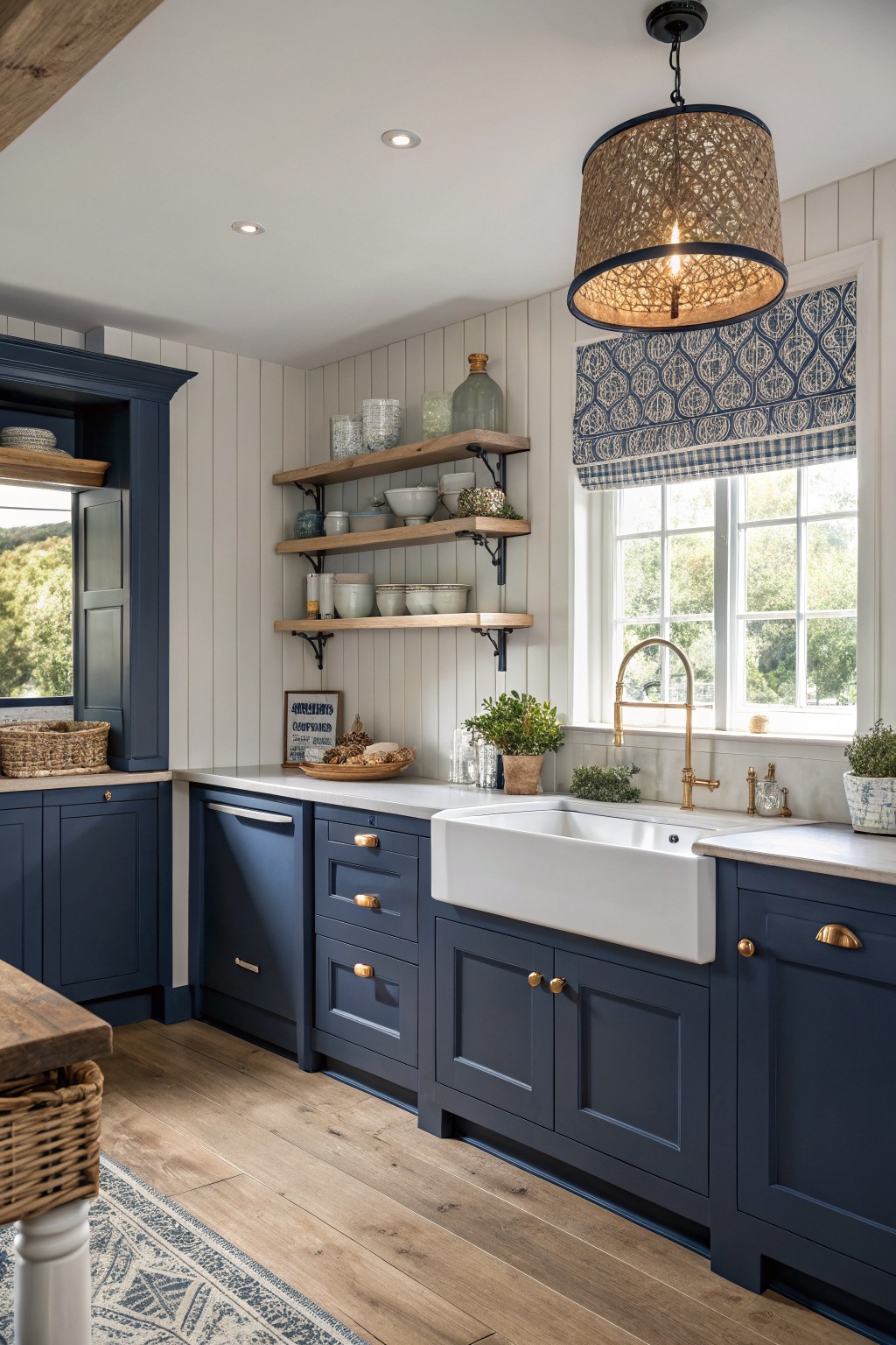 Navy blue kitchen cabinets with open wood shelves above a white farmhouse sink.