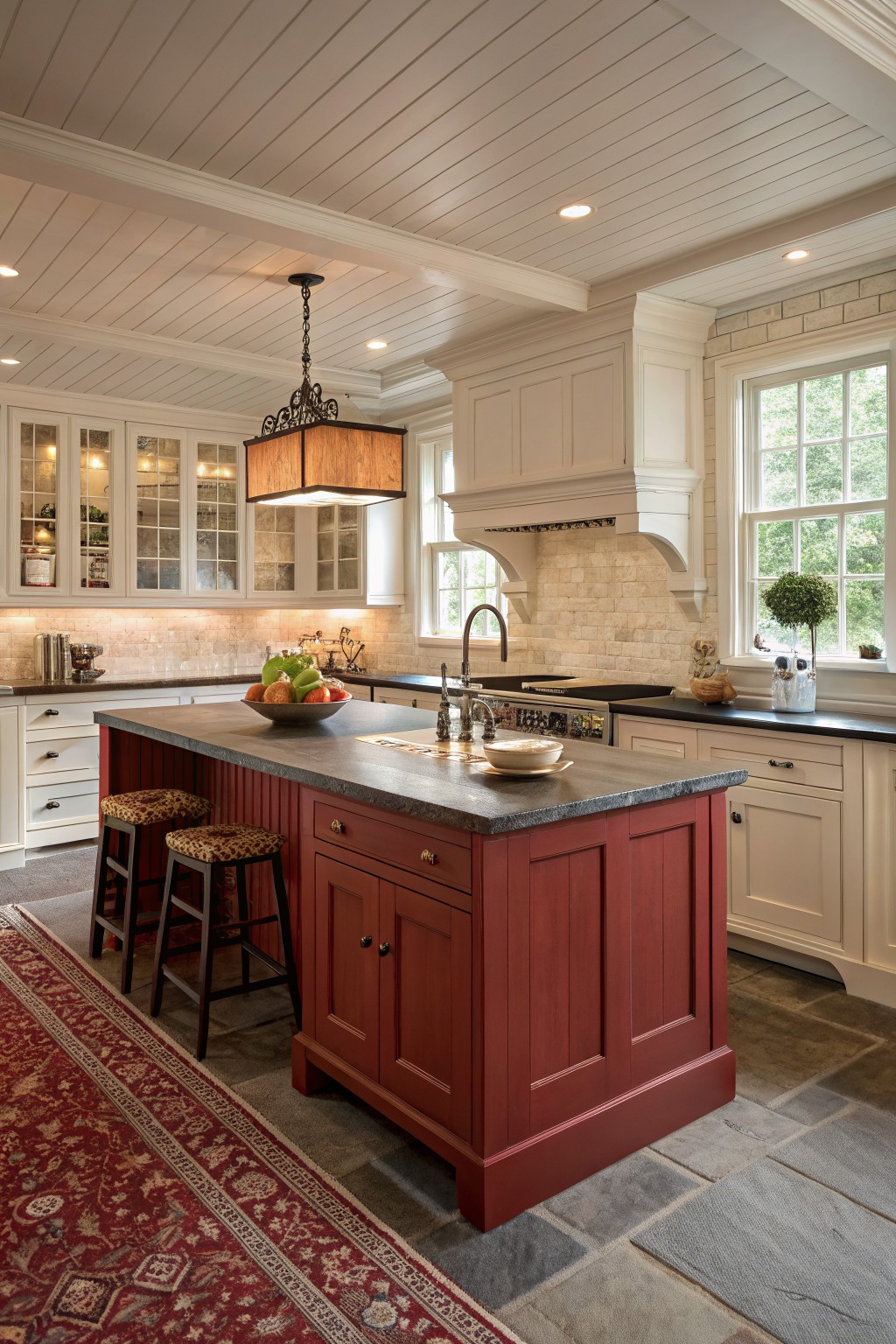 Red kitchen island with stools, white cabinets, pendant light, and stone backsplash